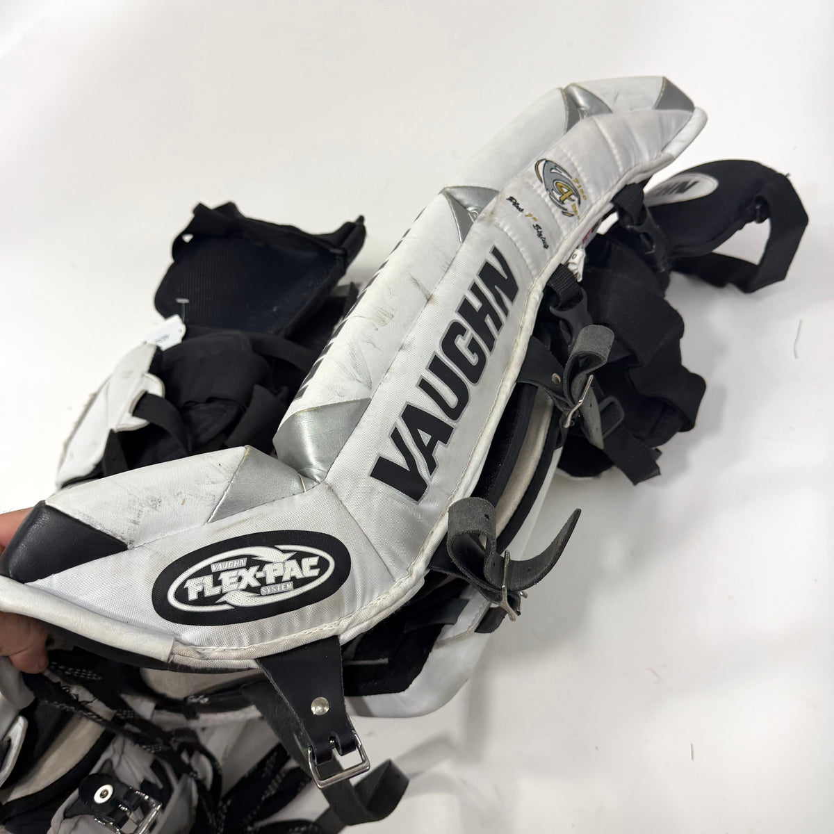 Used White and Black Vaughn Velocity V4 Goalie Leg Pads | 26+1" | AB344