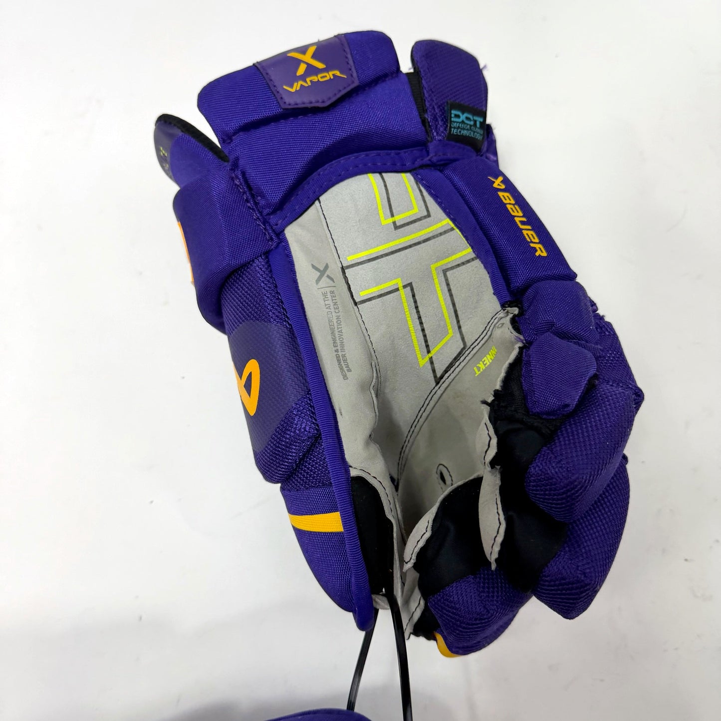 Used Purple and Yellow Bauer Vapor Hyperlite Gloves | 15" | AB671