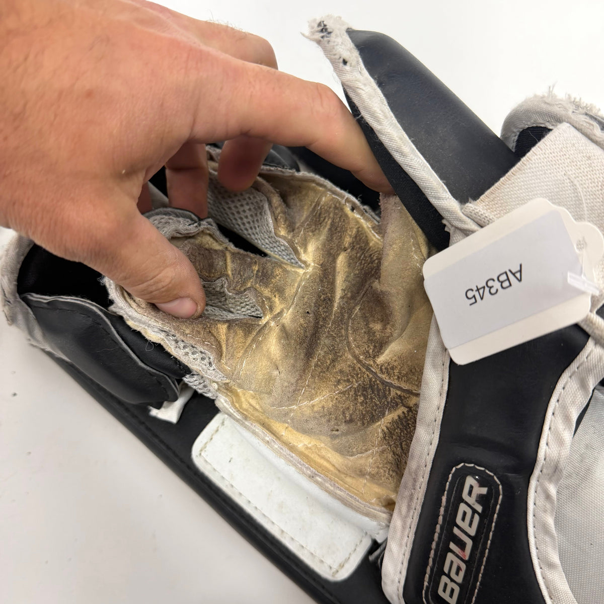 Used Black and White Regular Bauer Re-flex 6 Goalie Glove and Blocker | Junior