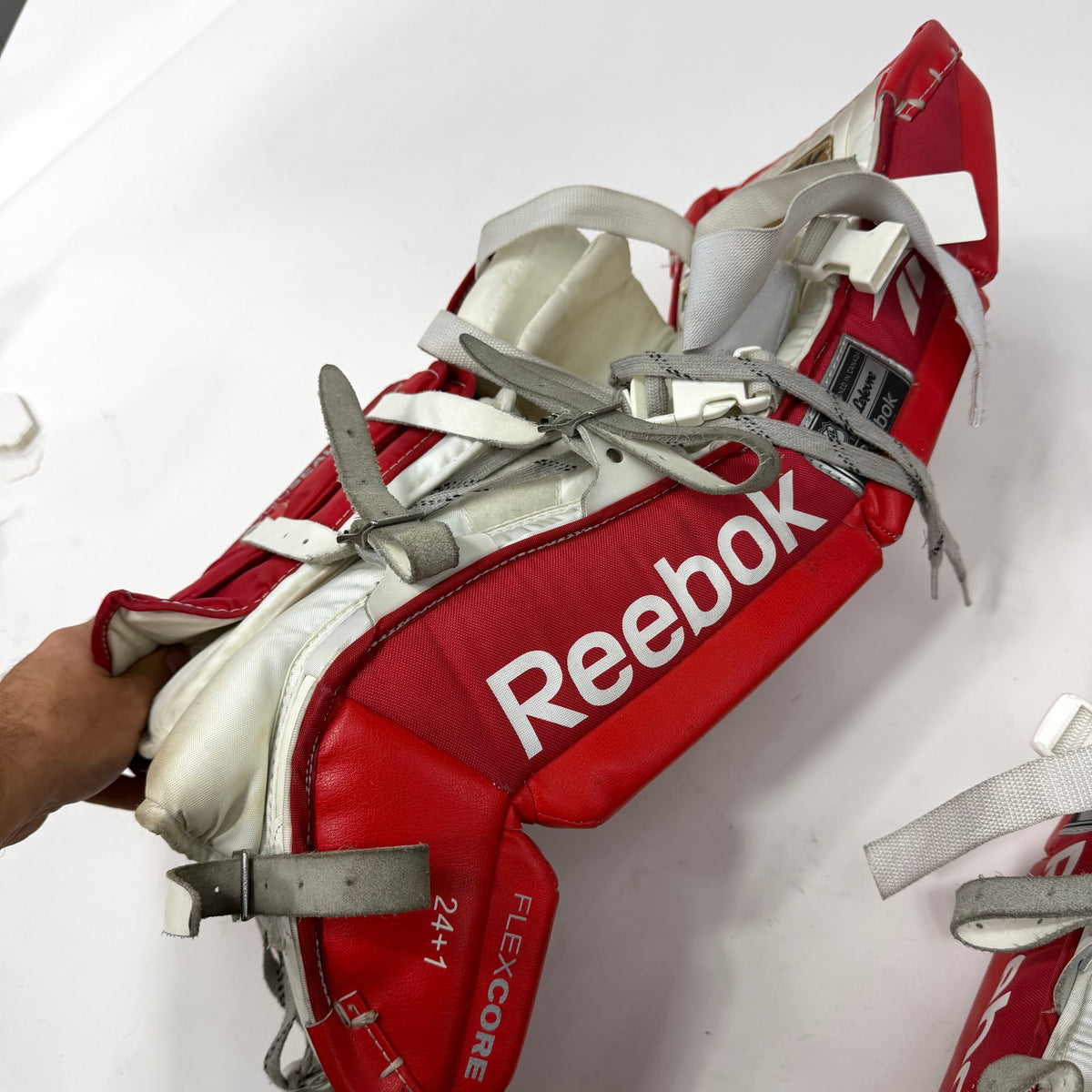 Used Red White and Black Reebok 14k Junior Goalie Leg Pads | 24+1" | AB361