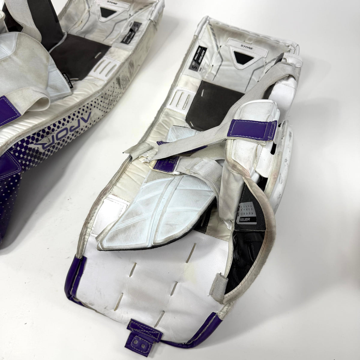 Used White and Purple Bauer Hyperlite Goalie Leg Pads | Size Small | 33+1"