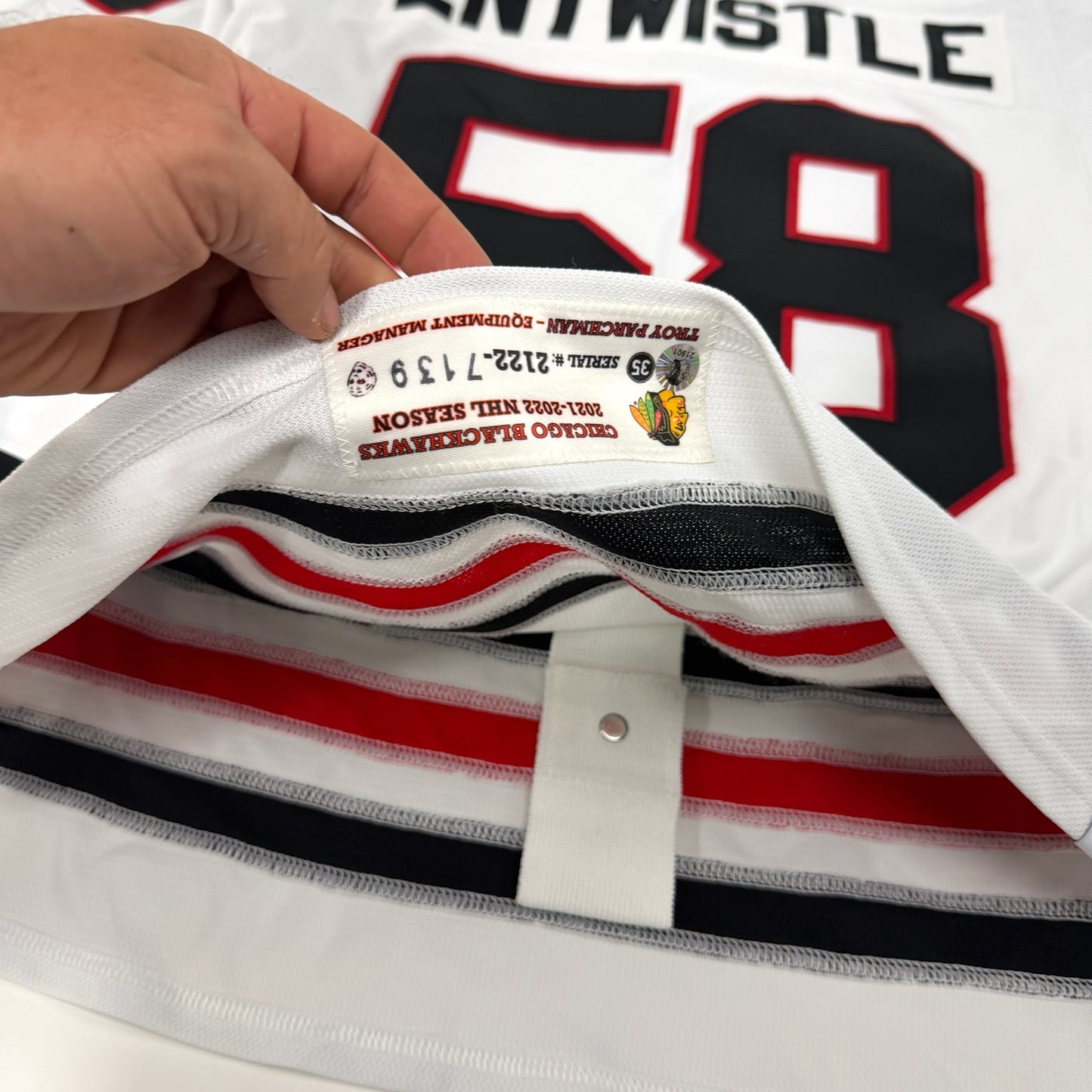 MacKenzie Entwistle #58 Away Chicago Blackhawks Game Worn Jersey 2021-2022, Set 1 | Size 58 | 7139-21901