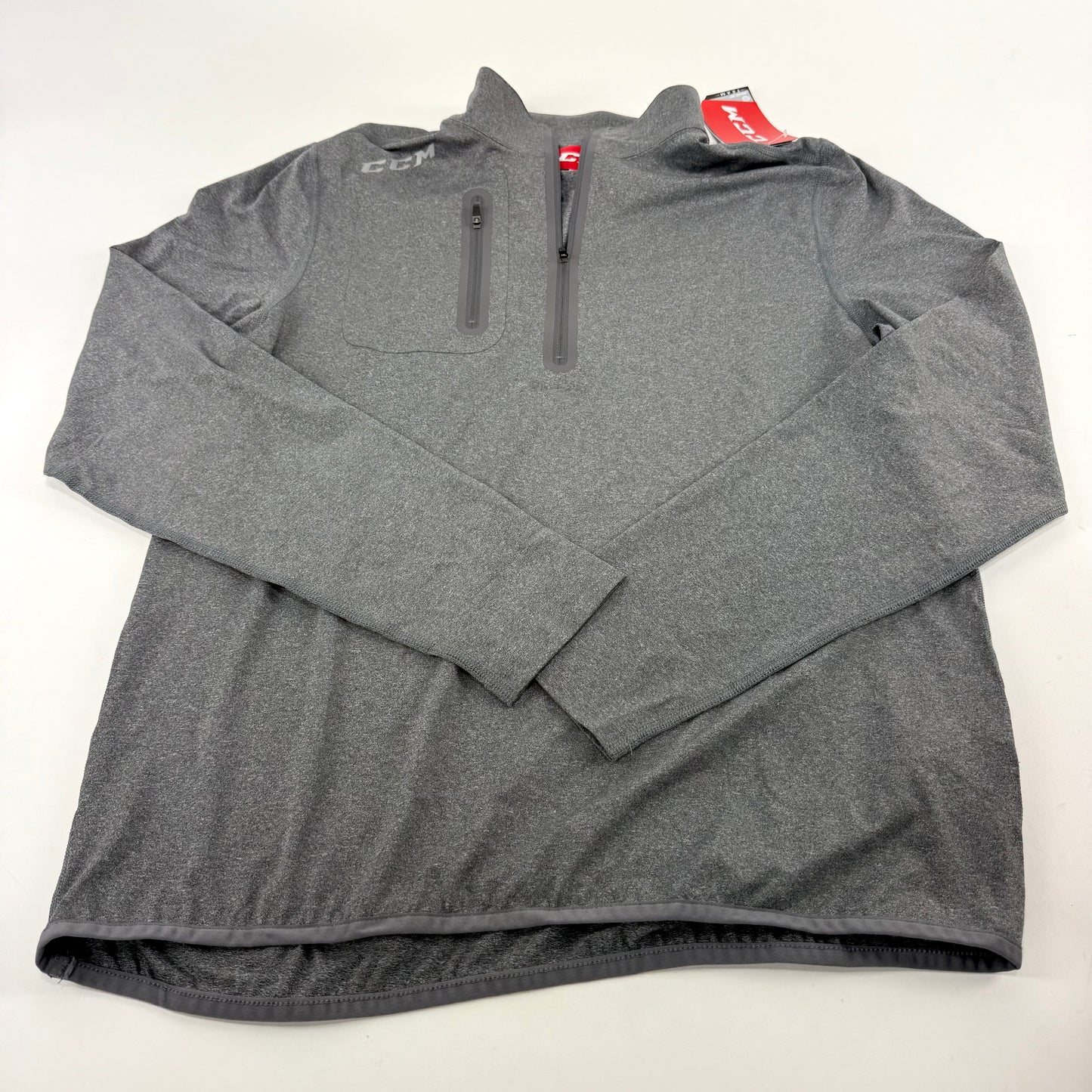 New Dark Grey CCM Premium 1/2 Zip Long Sleeve Shirt | Senior M | #191520221713