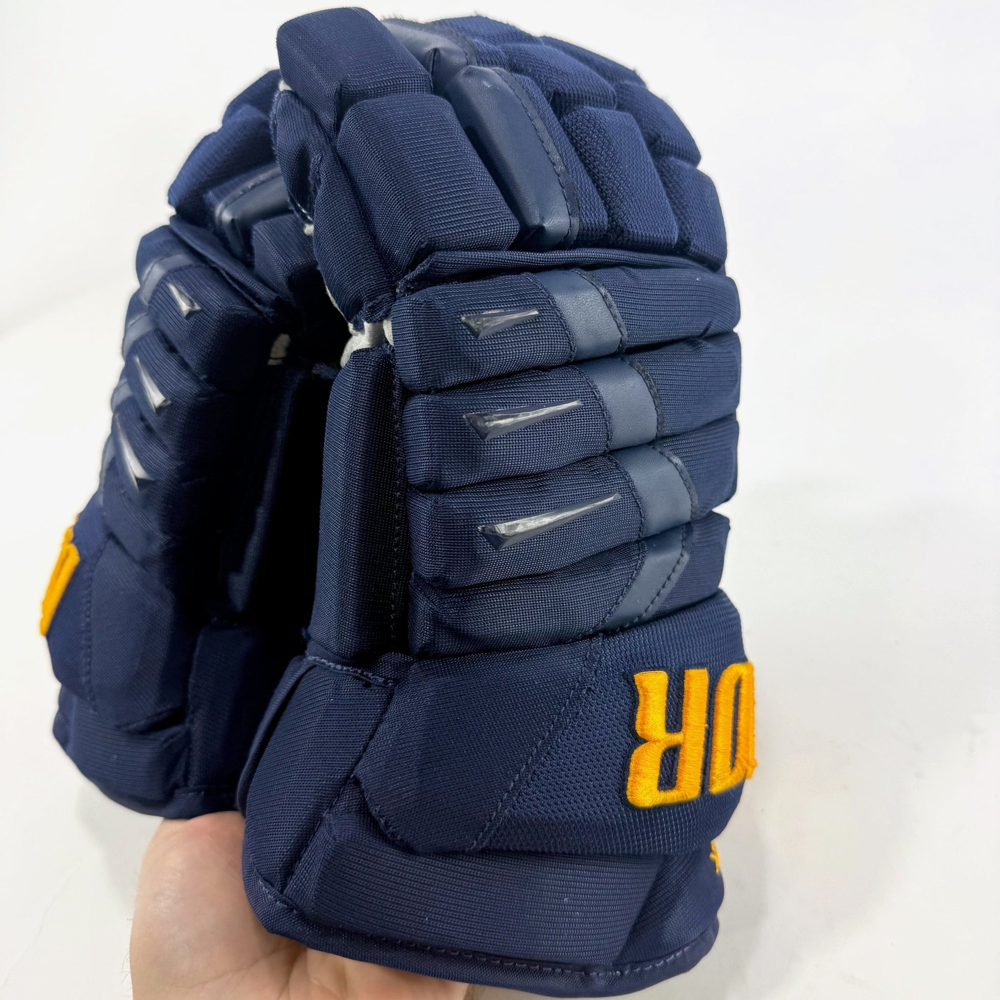 Used Navy STL Blues Warrior Alpha DX Pro Gloves | 14" | Babcock | D96 - Top Flight Hockey