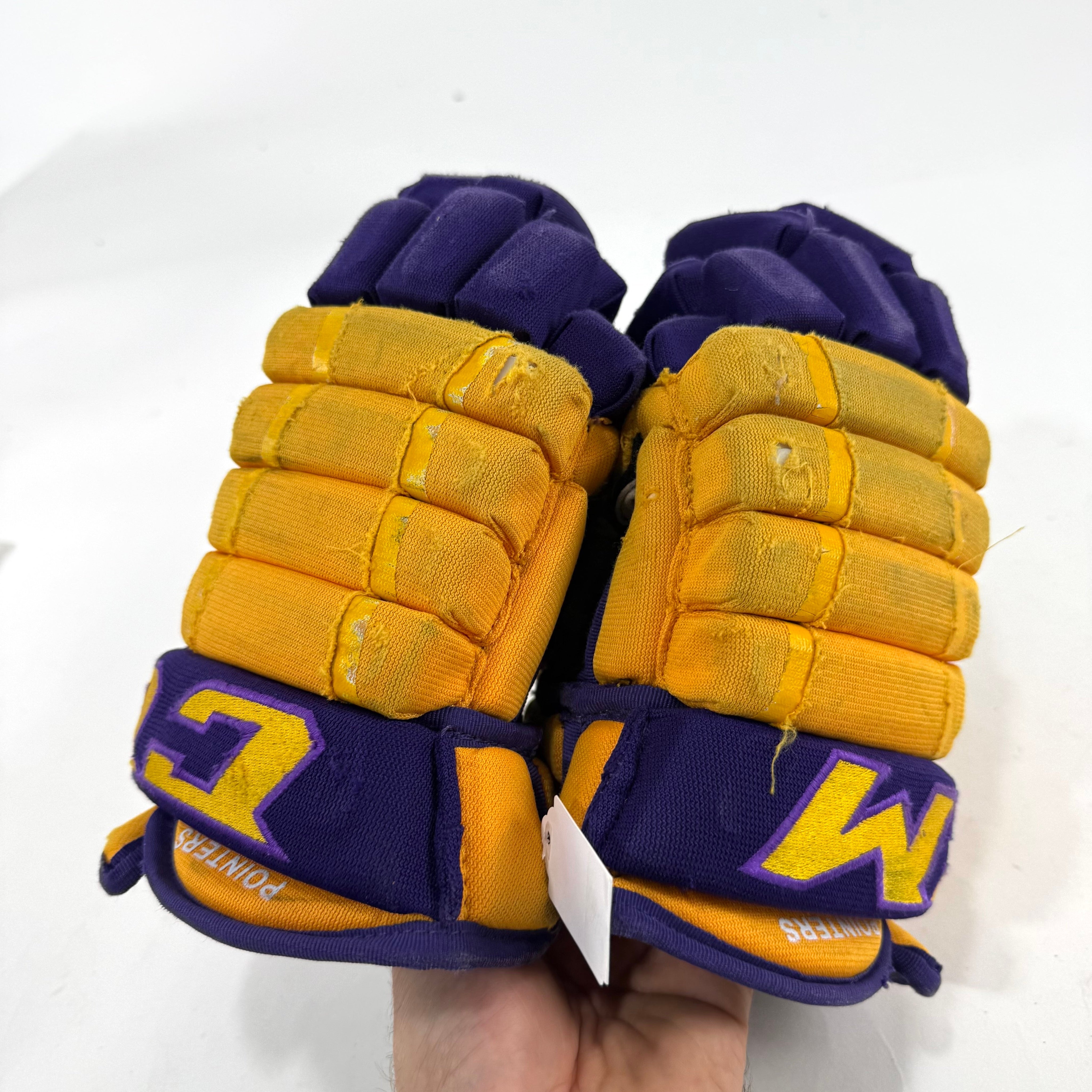 Used Yellow and Purple CCM 4 Roll Pro Gloves | 13" | E542