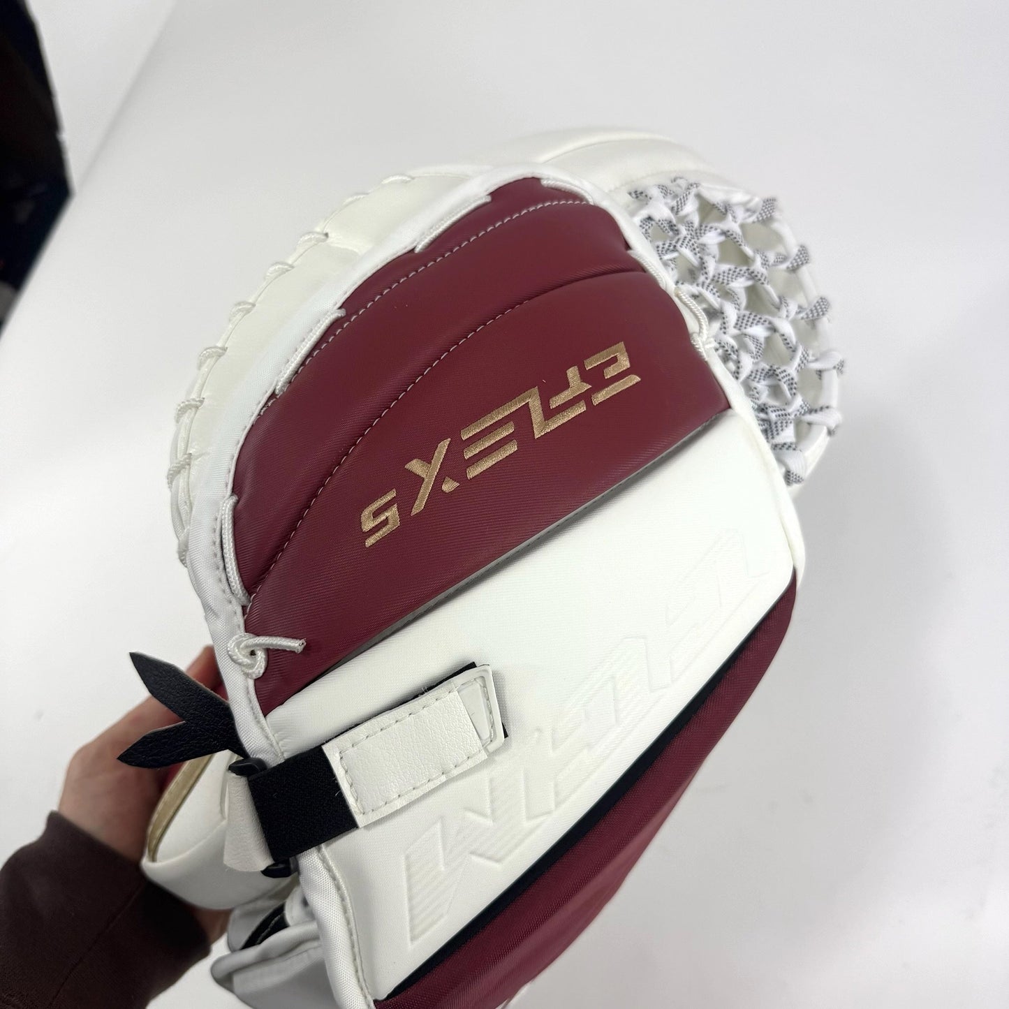 New Regular White and Maroon CCM EFlex 5 Goalie Glove | Denver | 590 Break