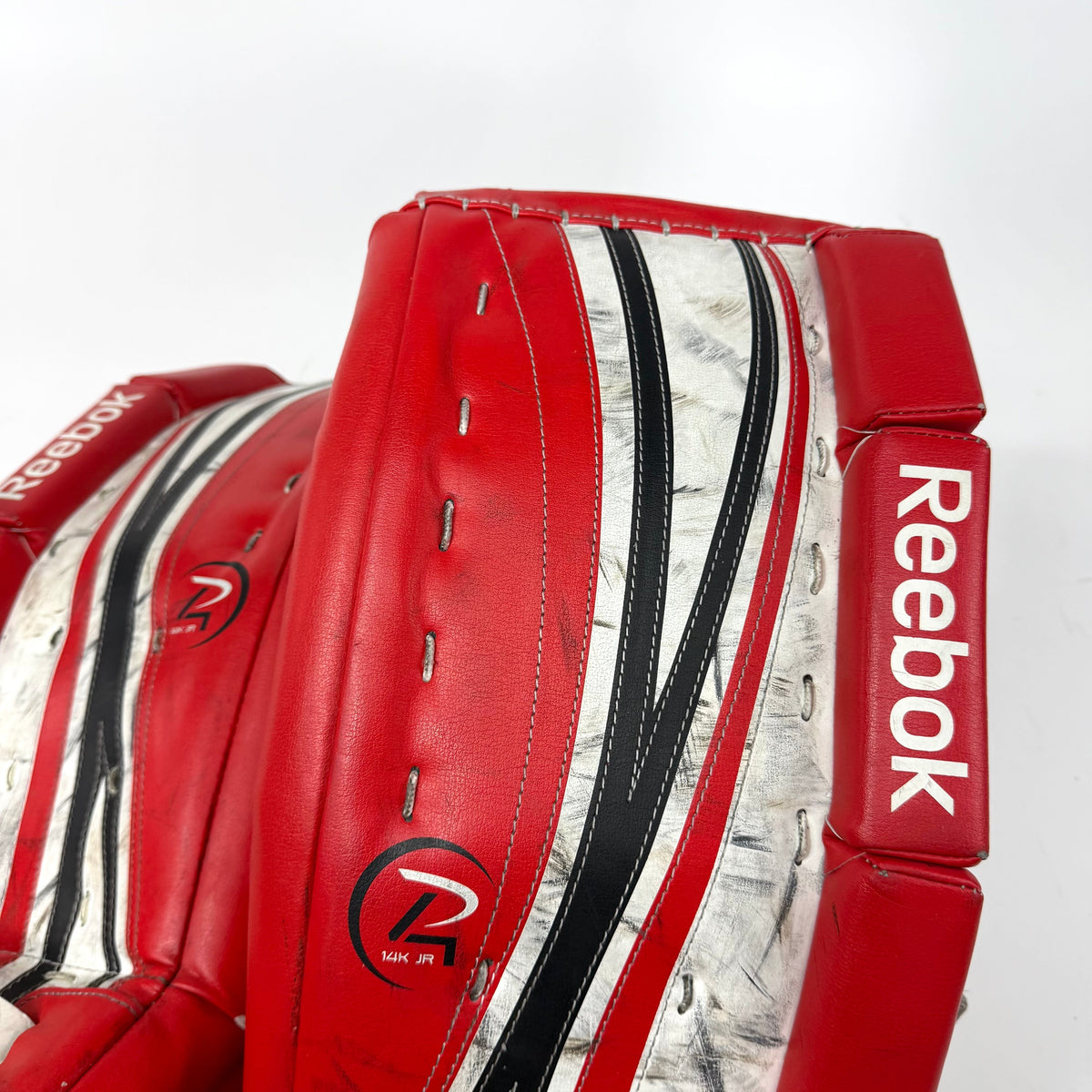 Used Red White and Black Reebok 14k Junior Goalie Leg Pads | 24+1" | AB361