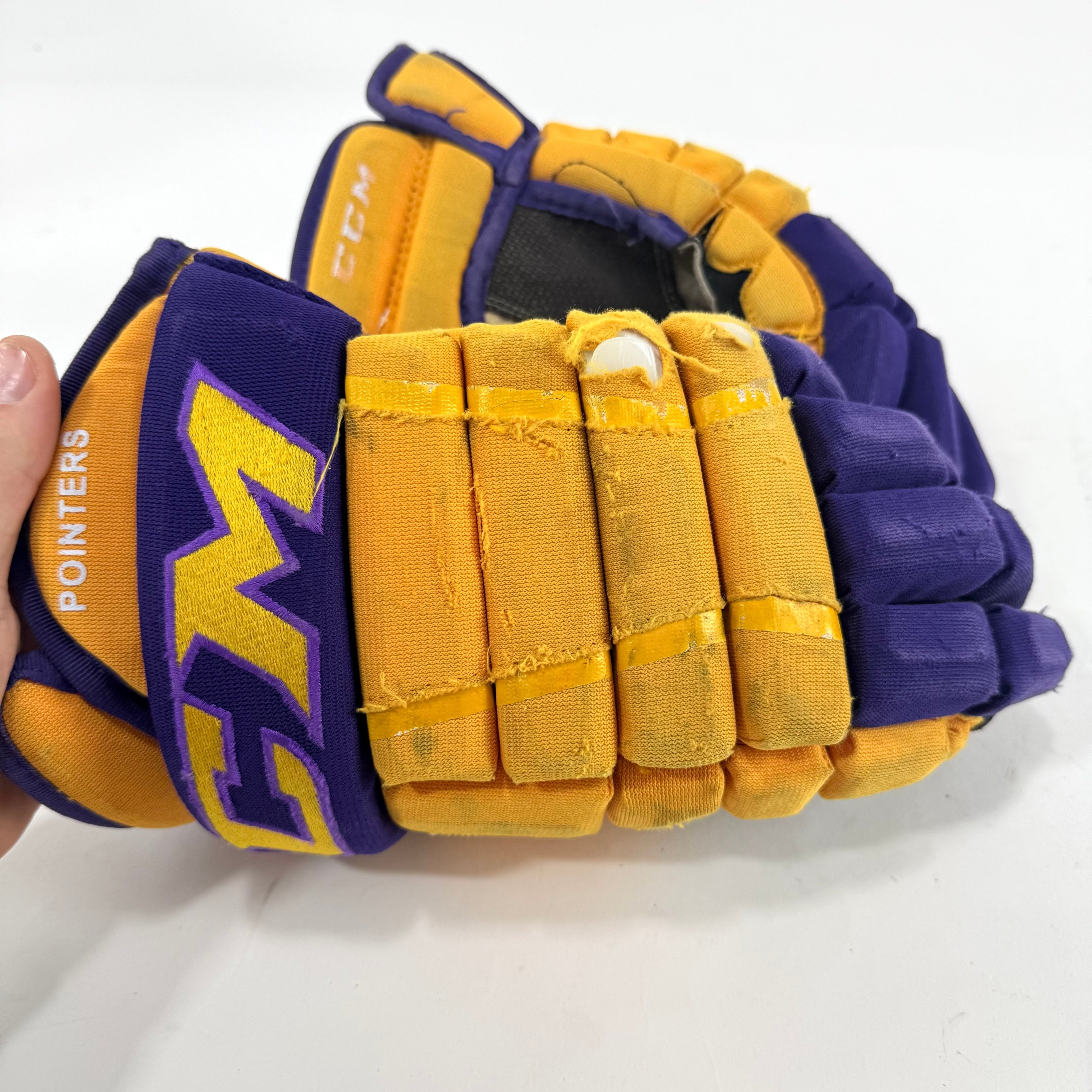 Used Yellow and Purple CCM 4 Roll Pro Gloves | 14" | E559 - Top Flight Hockey