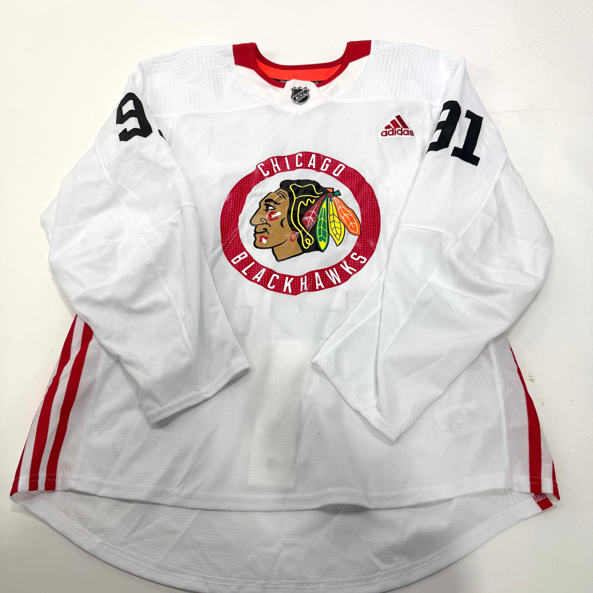 Used White Chicago Blackhawks Adidas MIC Practice Jersey | Size 56 | Ludwinski #91 - Top Flight Hockey