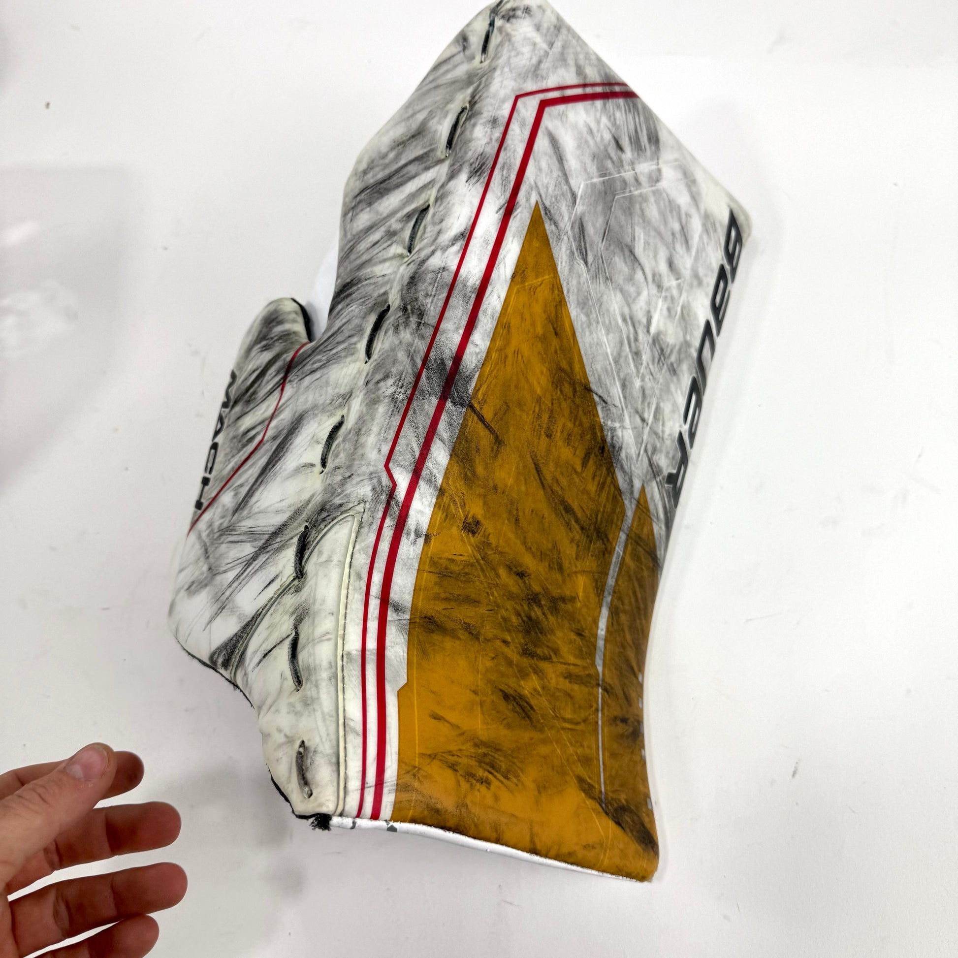 Used White and Gold Regular Bauer Supreme Mach Goalie Blocker | Patera | Vegas Golden Knights - Top Flight Hockey
