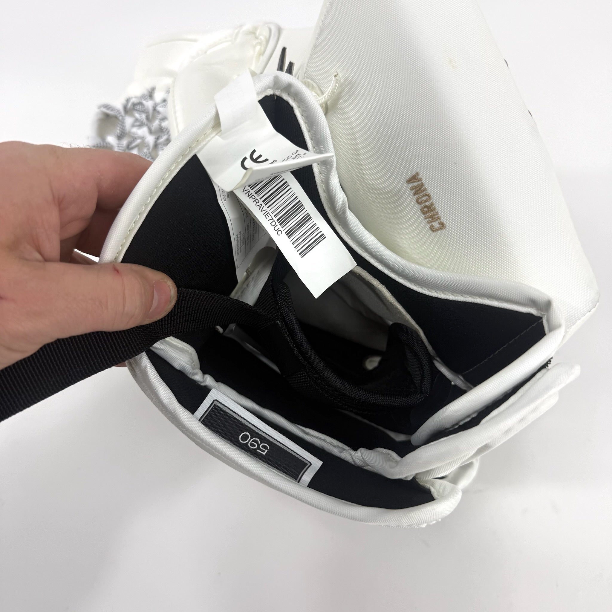 New Regular White and Maroon CCM EFlex 5 Goalie Glove | Denver | 590 Break - Top Flight Hockey