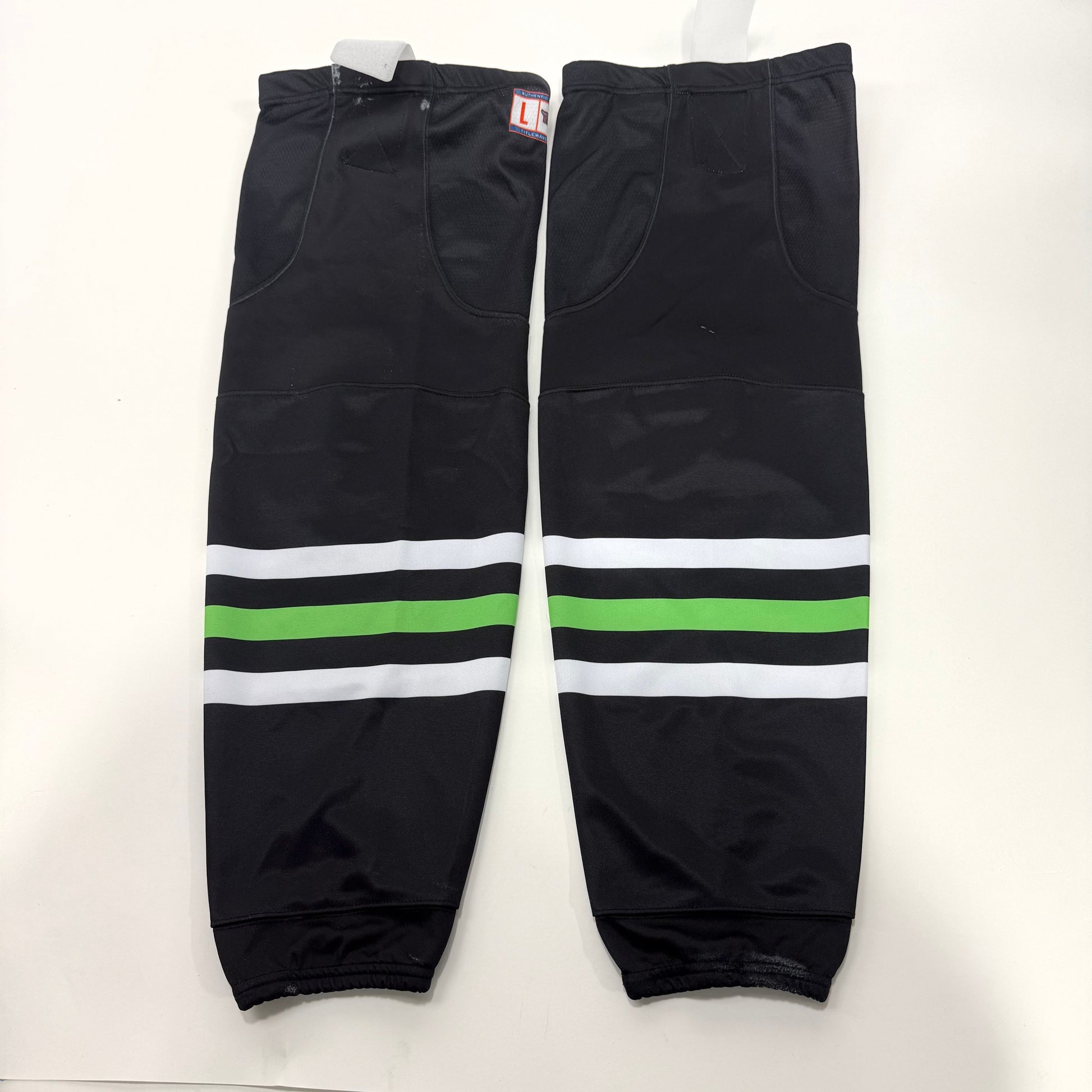 Used Once Black, Green, and White Chicago Steel Tidal Wave Hockey Socks - Large - Top Flight Hockey