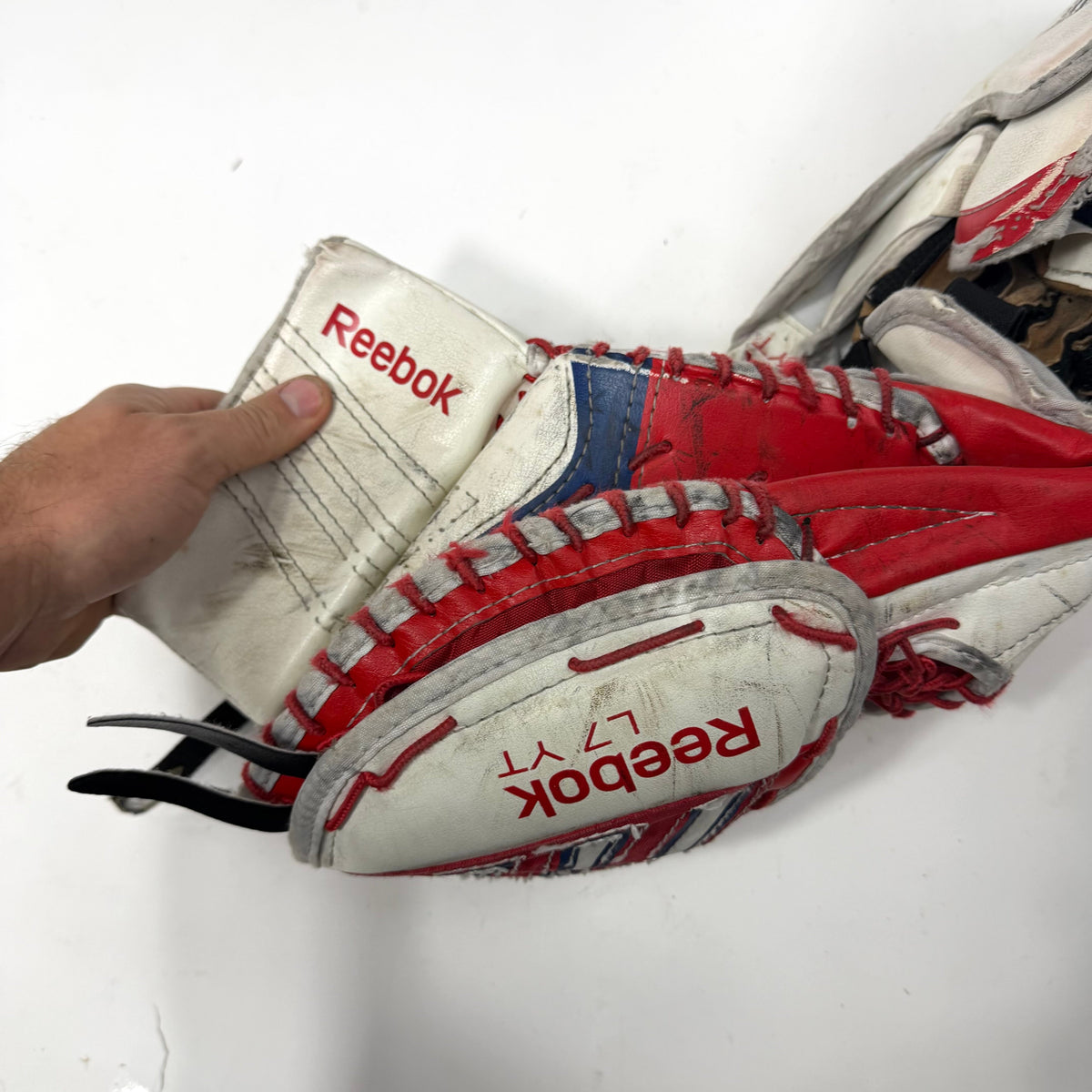 Used Regular Red/White/Blue Reebok L7 Youth Goalie Glove and Blocker | AB362