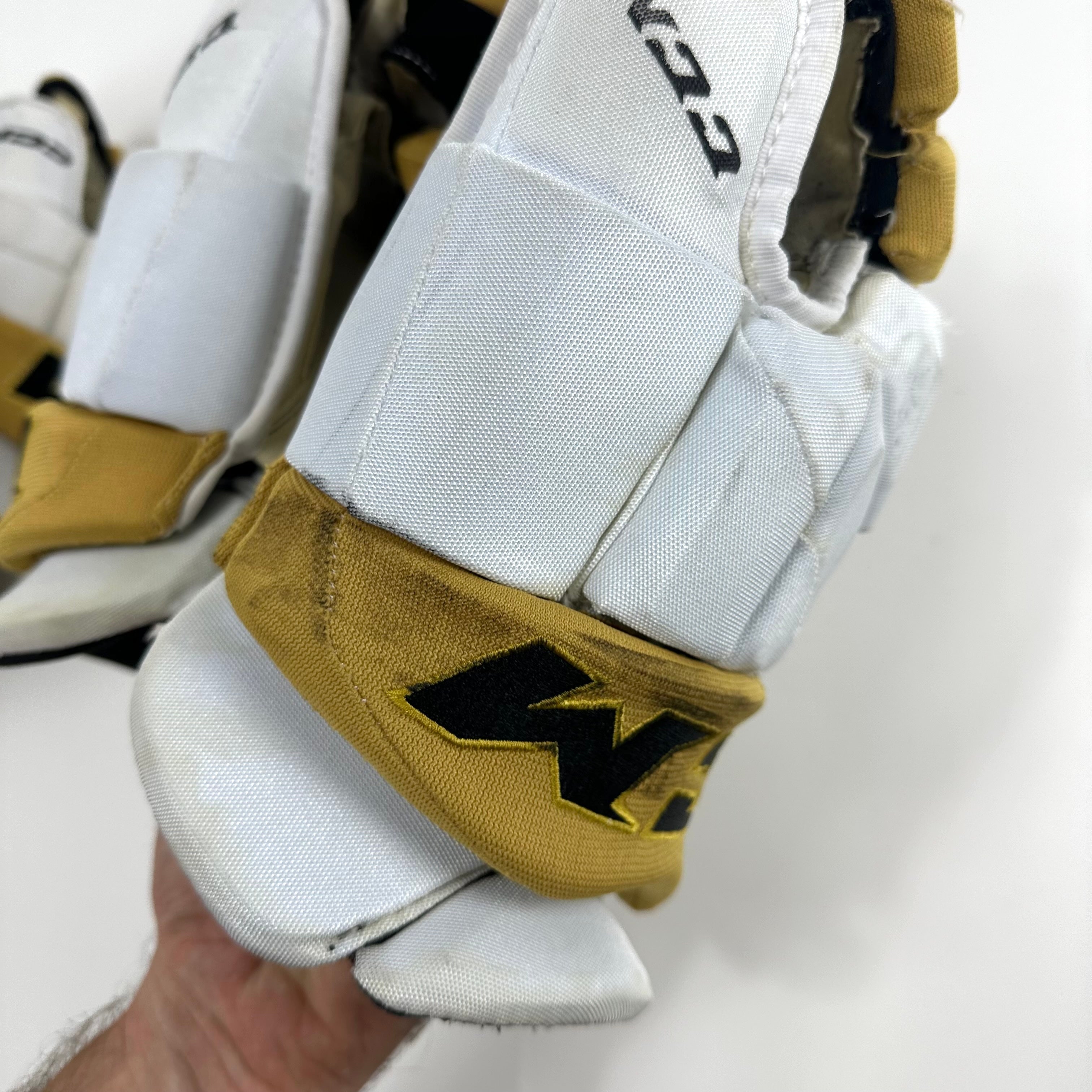 Used White and Gold CCM Jetspeed Gloves | Vegas Knights | 15" | H309