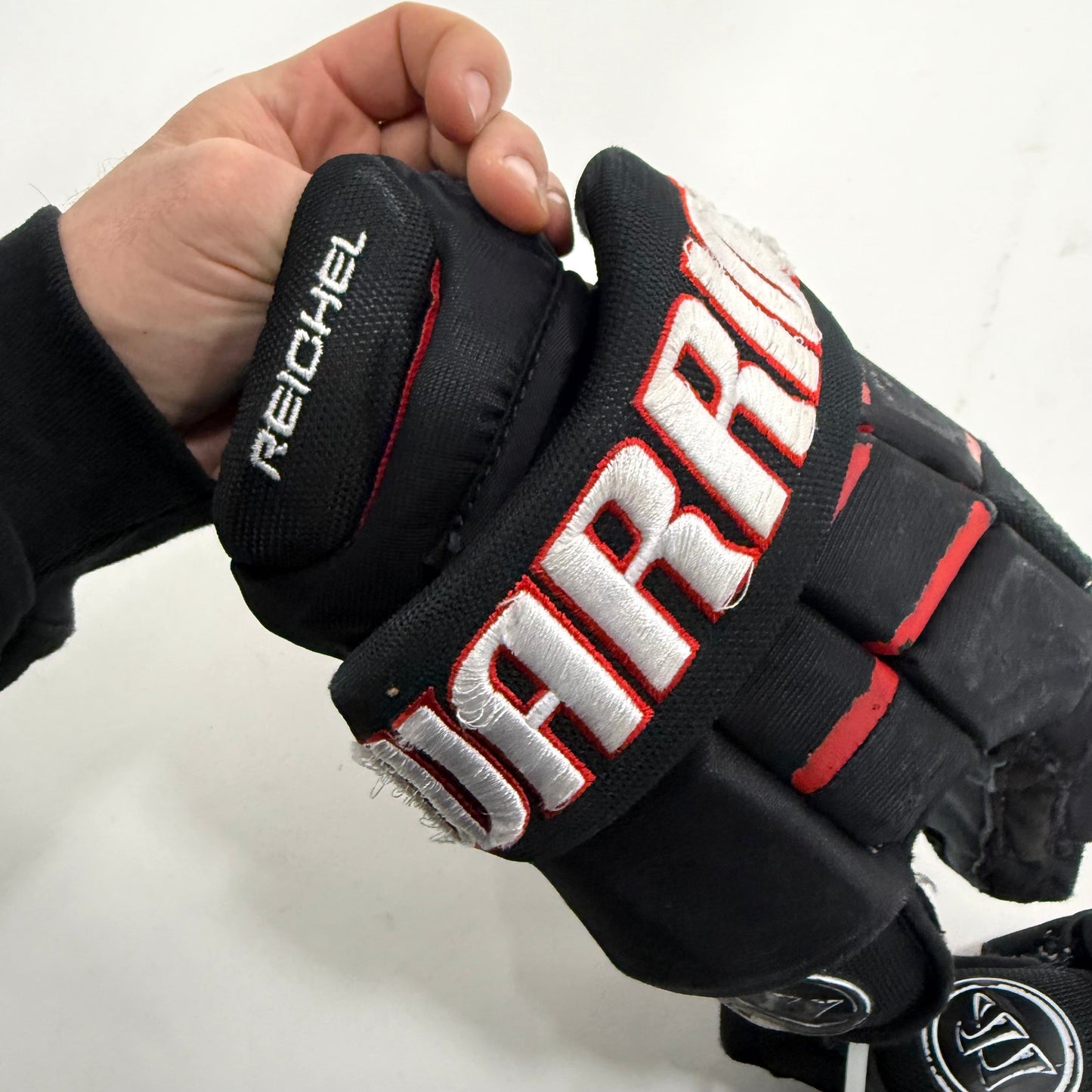 Used Black and Red Chicago Blackhawks Warrior Covert Pro Gloves | 13" | Reichel | BH278