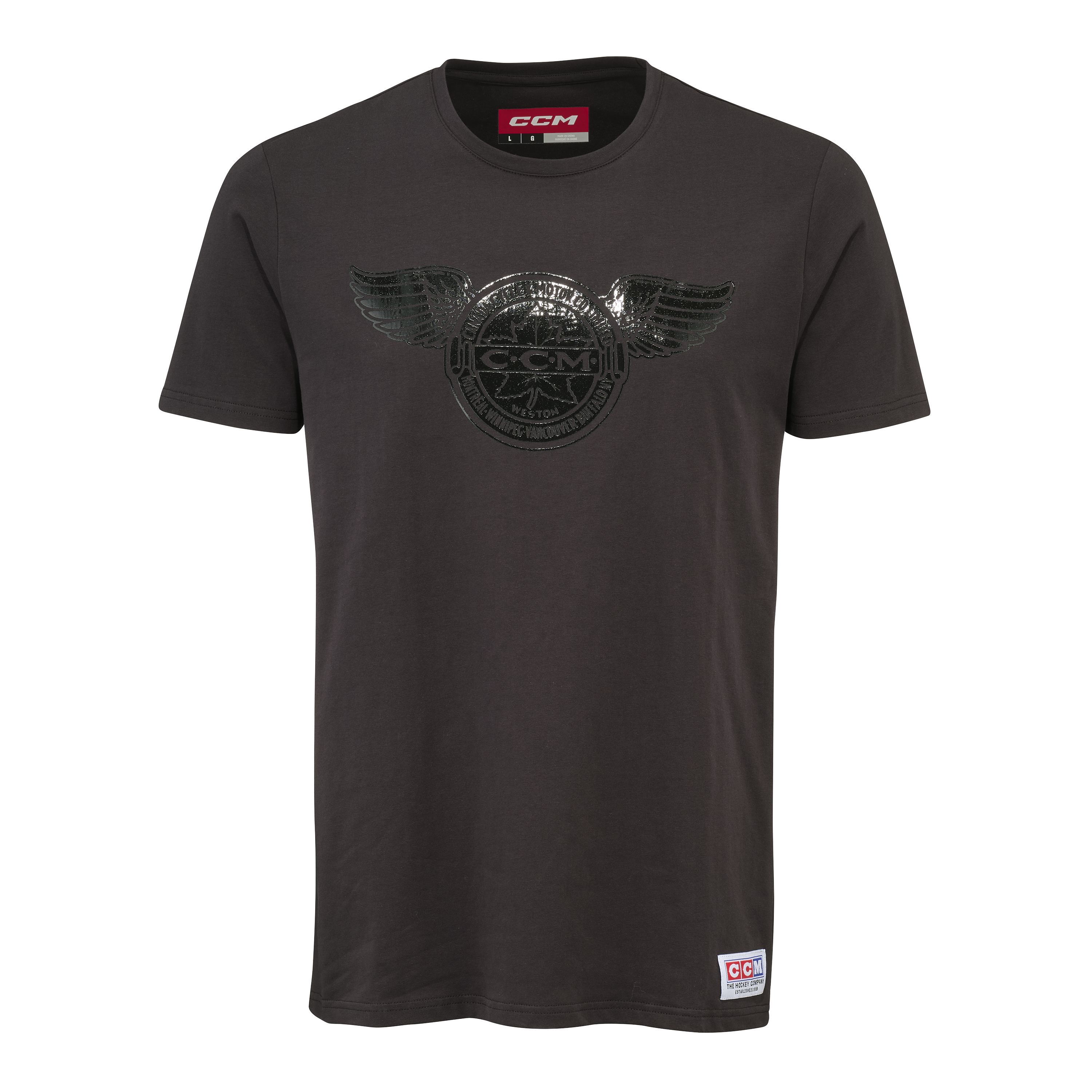 New CCM Black Monochrome Short Sleeve Wings Tee | Youth XL | #191520735296 - Top Flight Hockey