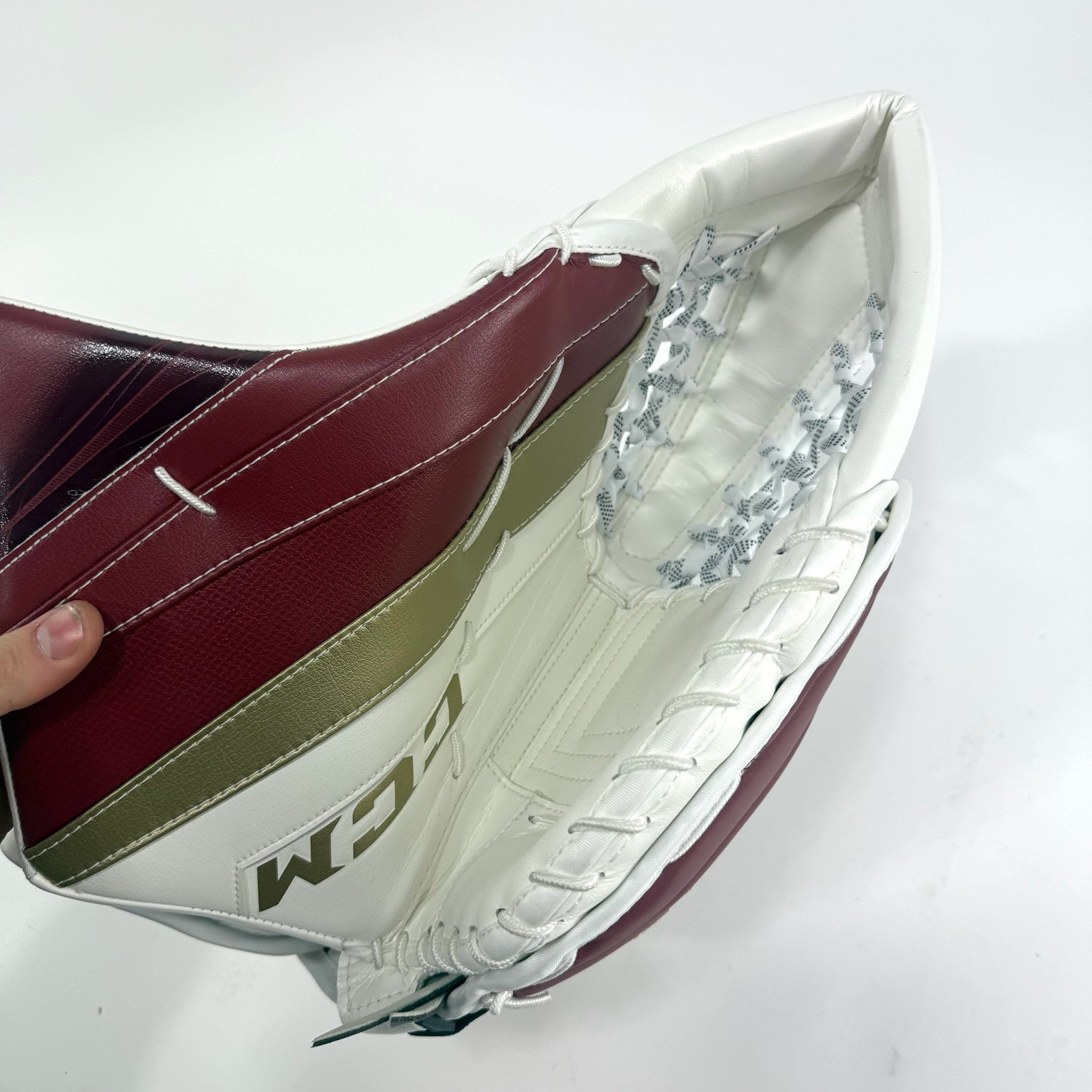 New Regular White and Maroon CCM EFlex 5 Goalie Glove | Denver | 590 Break - Top Flight Hockey