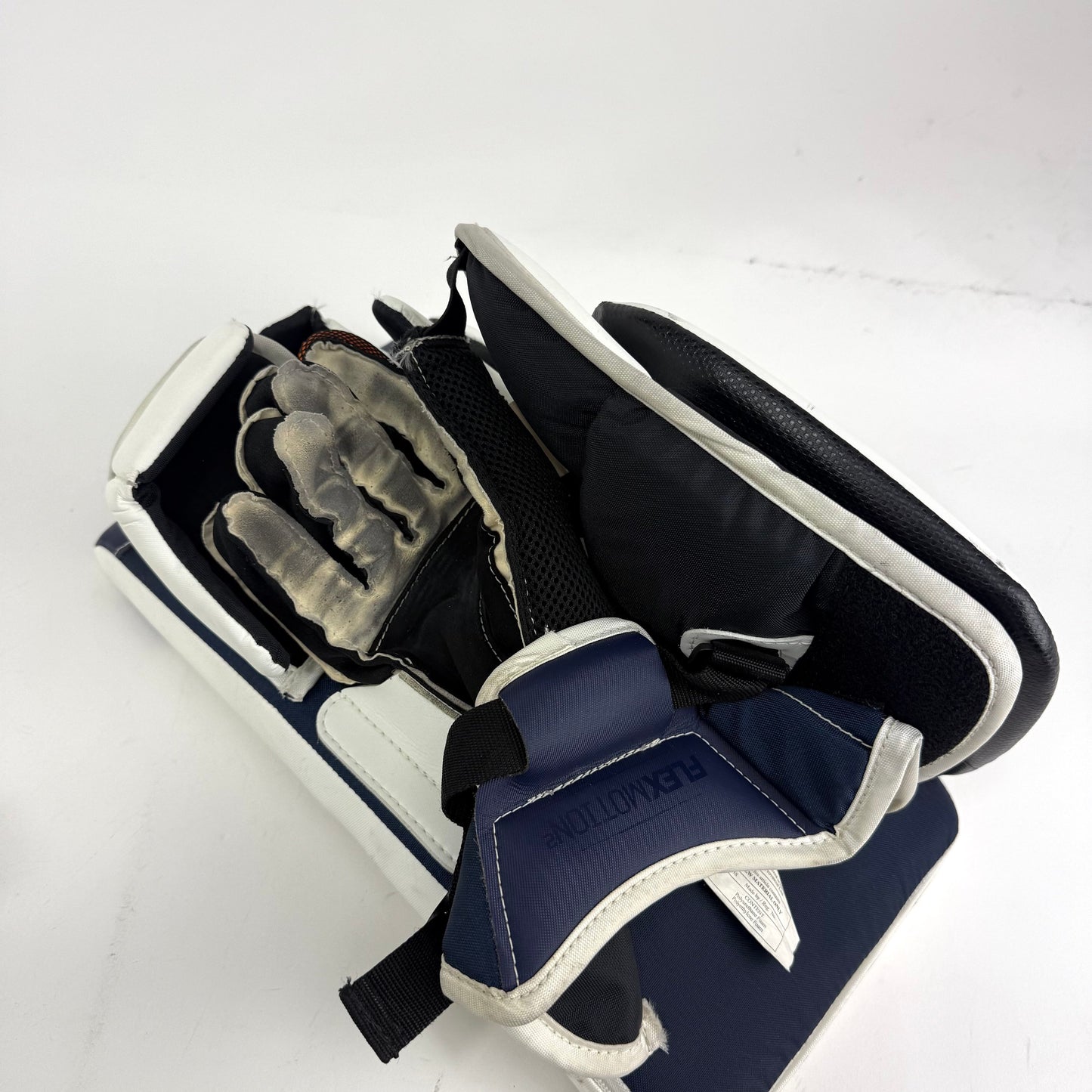 Lightly Used White and Navy Regular CCM Axis 2 Goalie Glove and Blocker | 590 Break