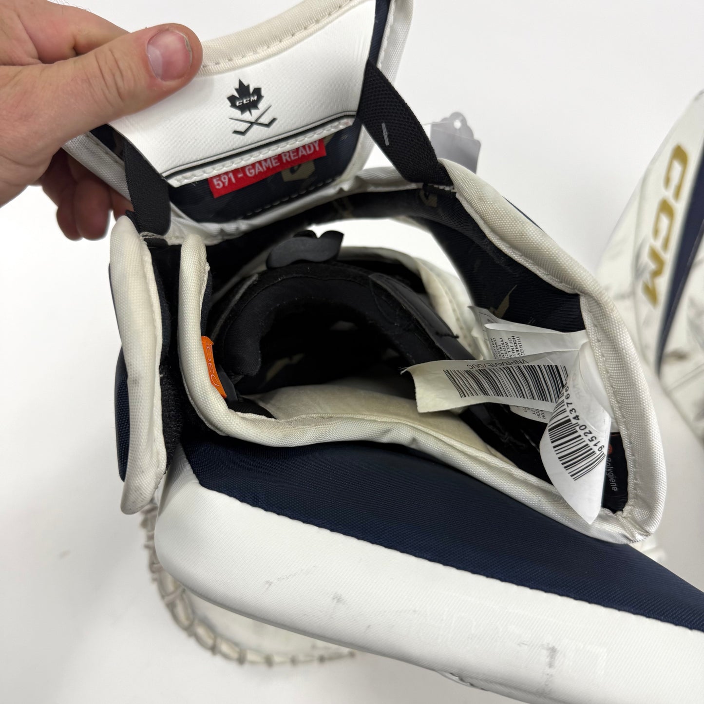 Lightly Used White and Navy Regular CCM Axis 2 Goalie Glove and Blocker | 590 Break