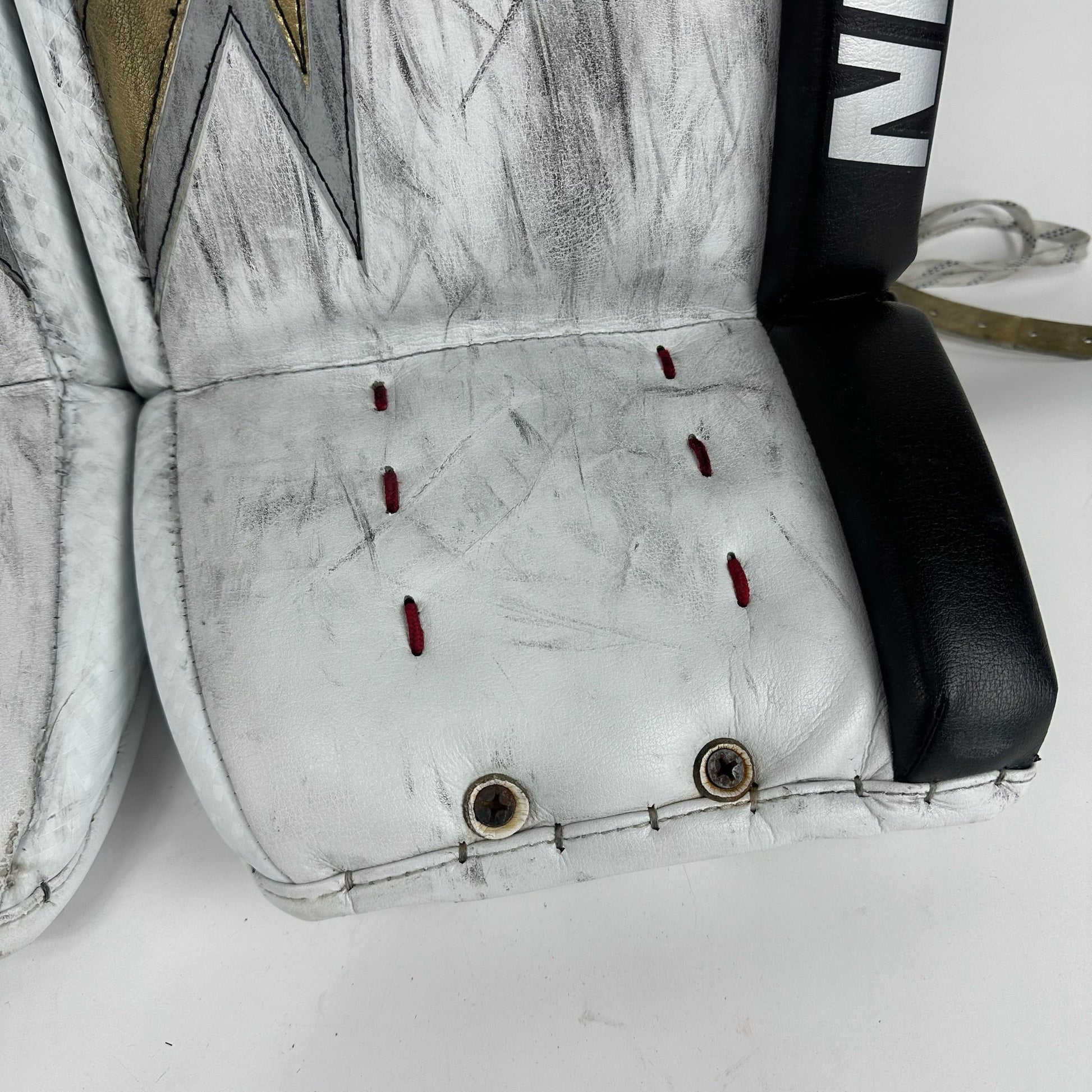 Used Vegas Knights White and Gold Vaughn V9 Goalie Leg Pads | Saville | 35+1" - Top Flight Hockey