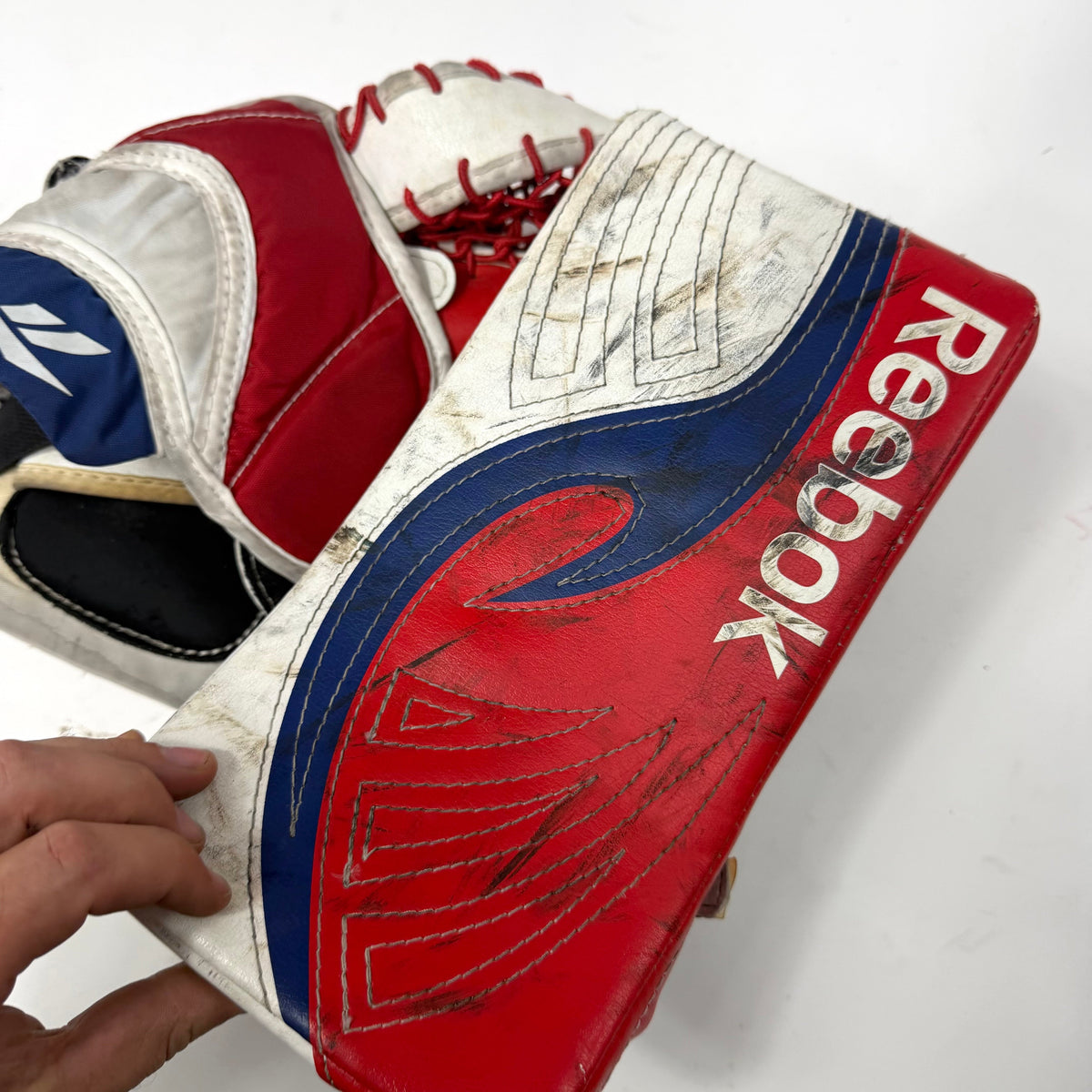 Used Regular Red/White/Blue Reebok L7 Youth Goalie Glove and Blocker | AB362
