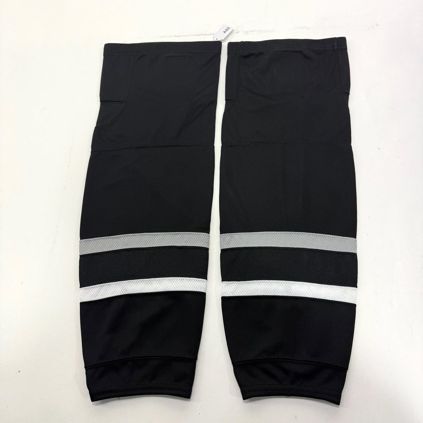Used Black With Grey and White Stripe Practice Socks | 24" | A33 - Top Flight Hockey