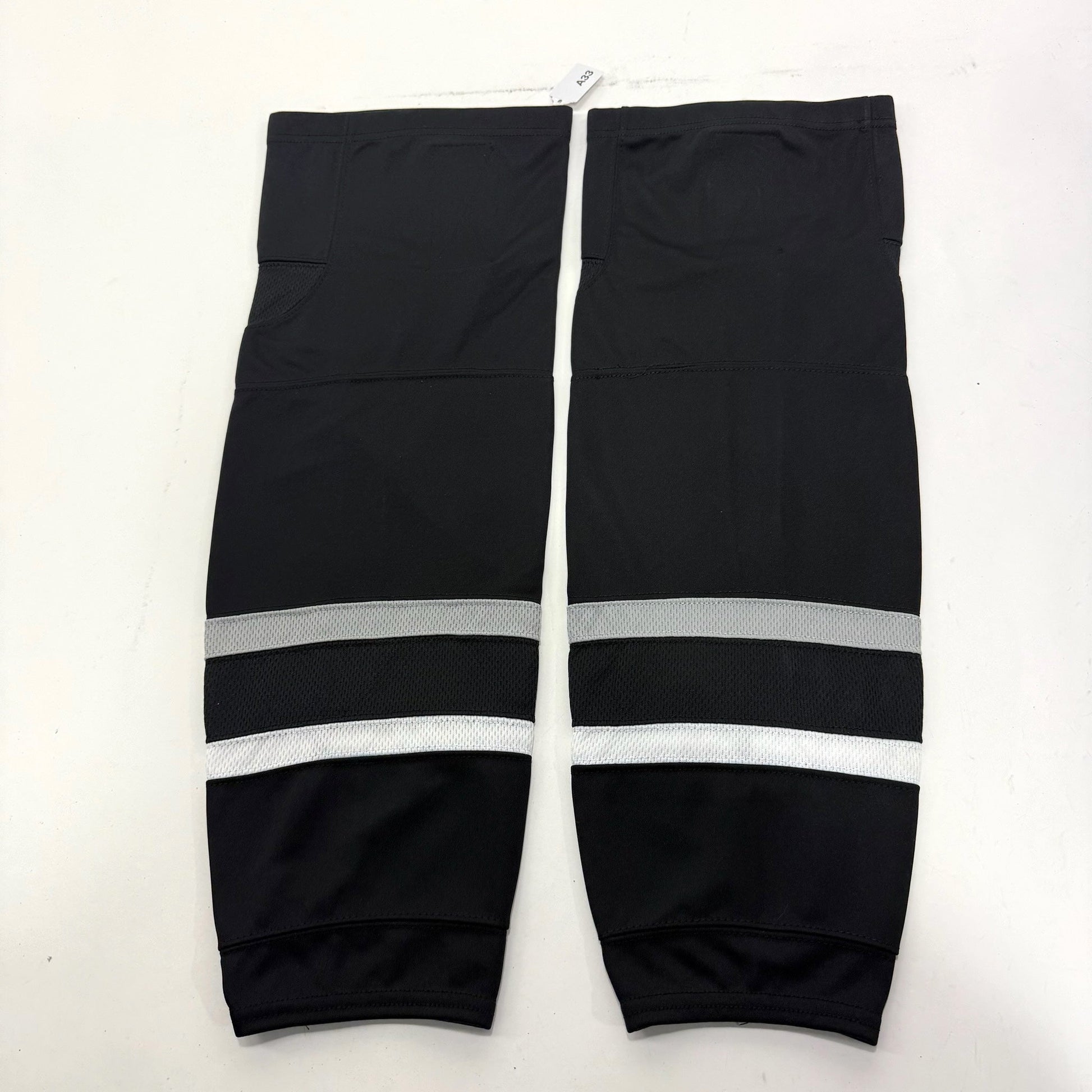 Used Black With Grey and White Stripe Practice Socks | 24" | A33 - Top Flight Hockey