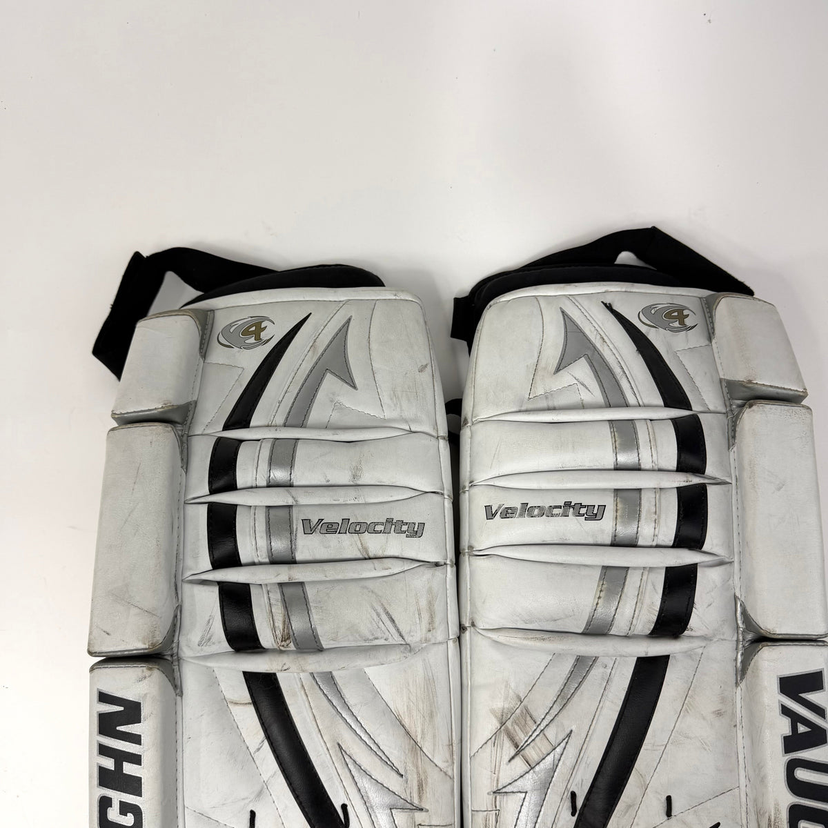 Used White and Black Vaughn Velocity V4 Goalie Leg Pads | 26+1" | AB344