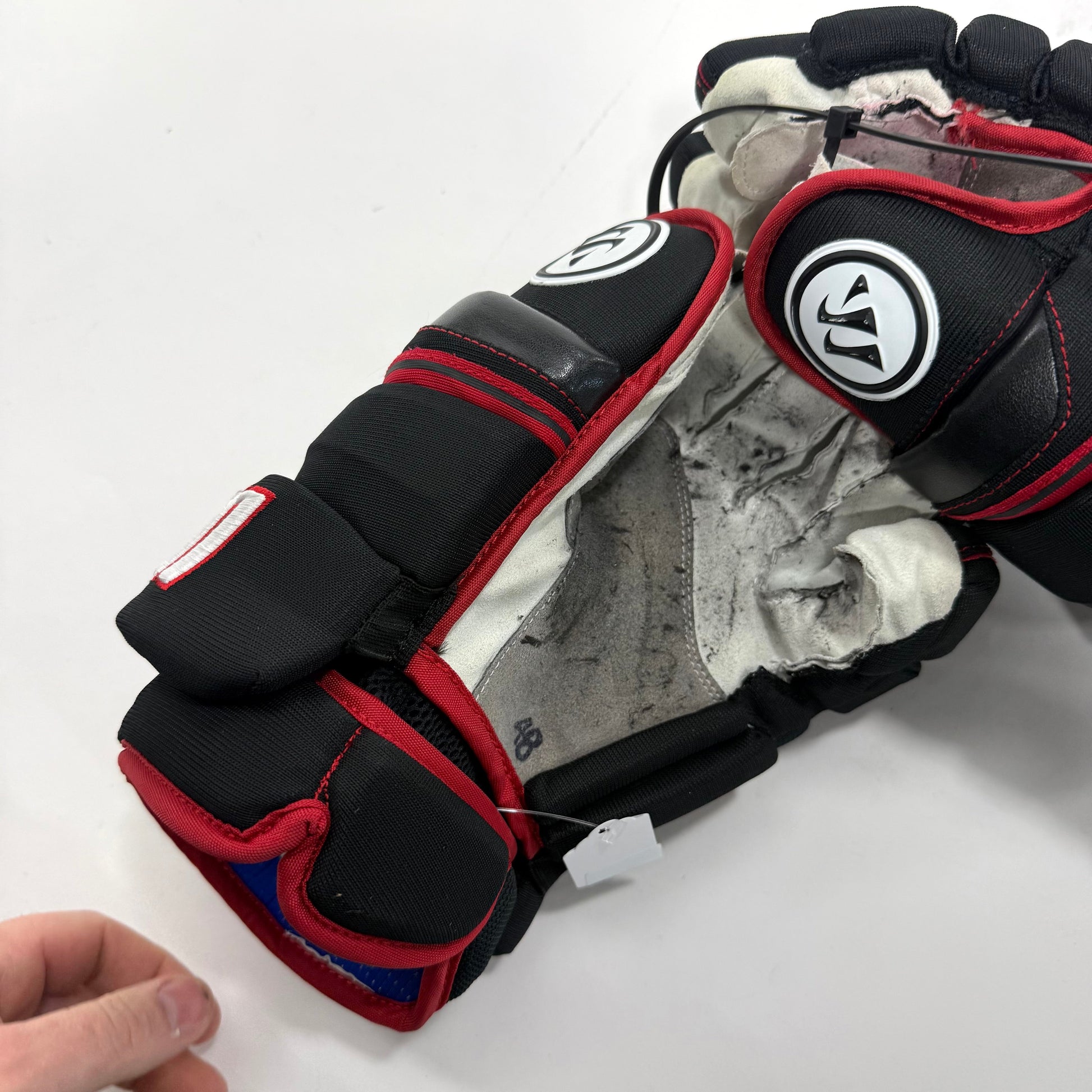 Used Black and Red Chicago Blackhawks Warrior Covert Pro Gloves | 13" | Grzelcyk | BH274 - Top Flight Hockey