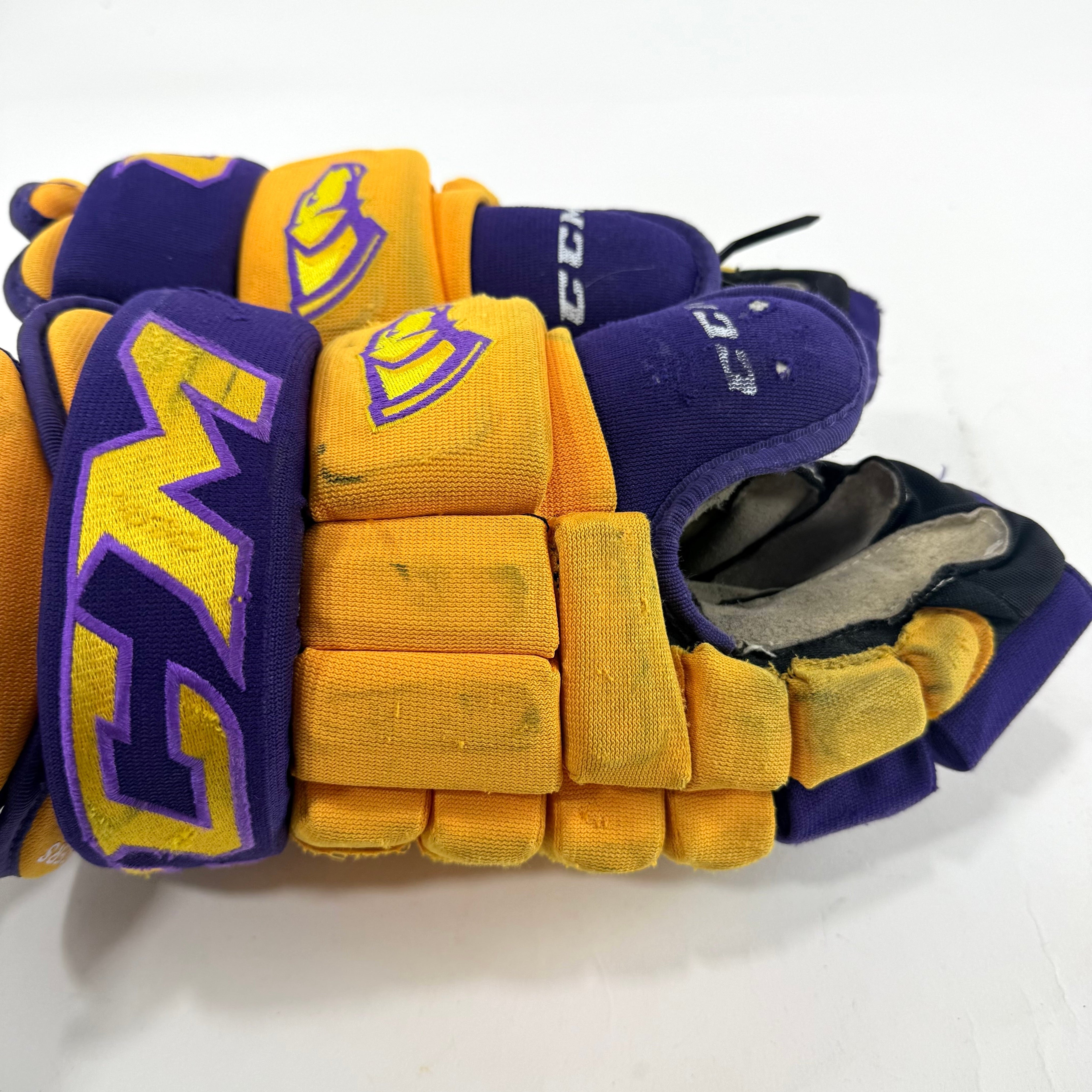 Used Yellow and Purple CCM 4 Roll Pro Gloves | 14" | E559 - Top Flight Hockey