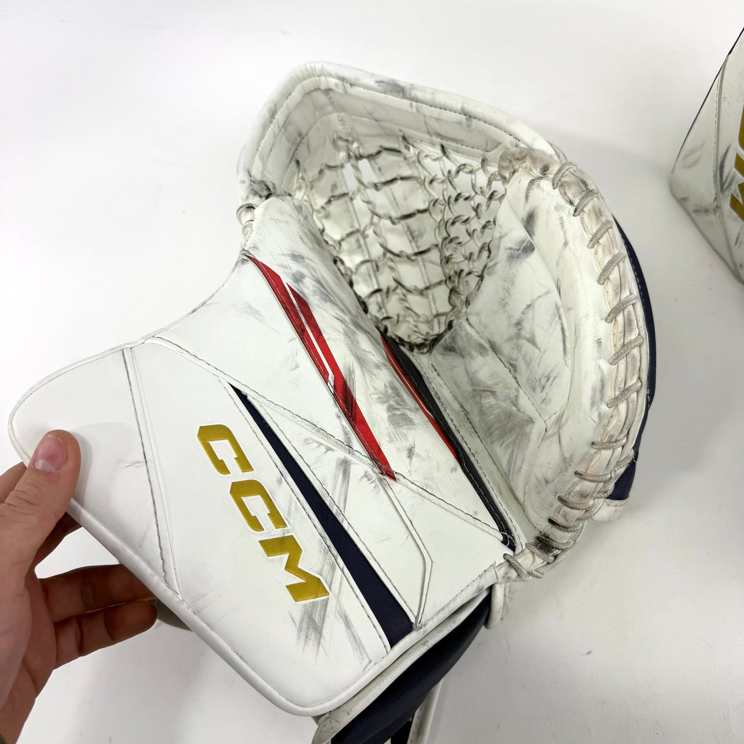Lightly Used White and Navy Regular CCM Axis 2 Goalie Glove and Blocker | 590 Break