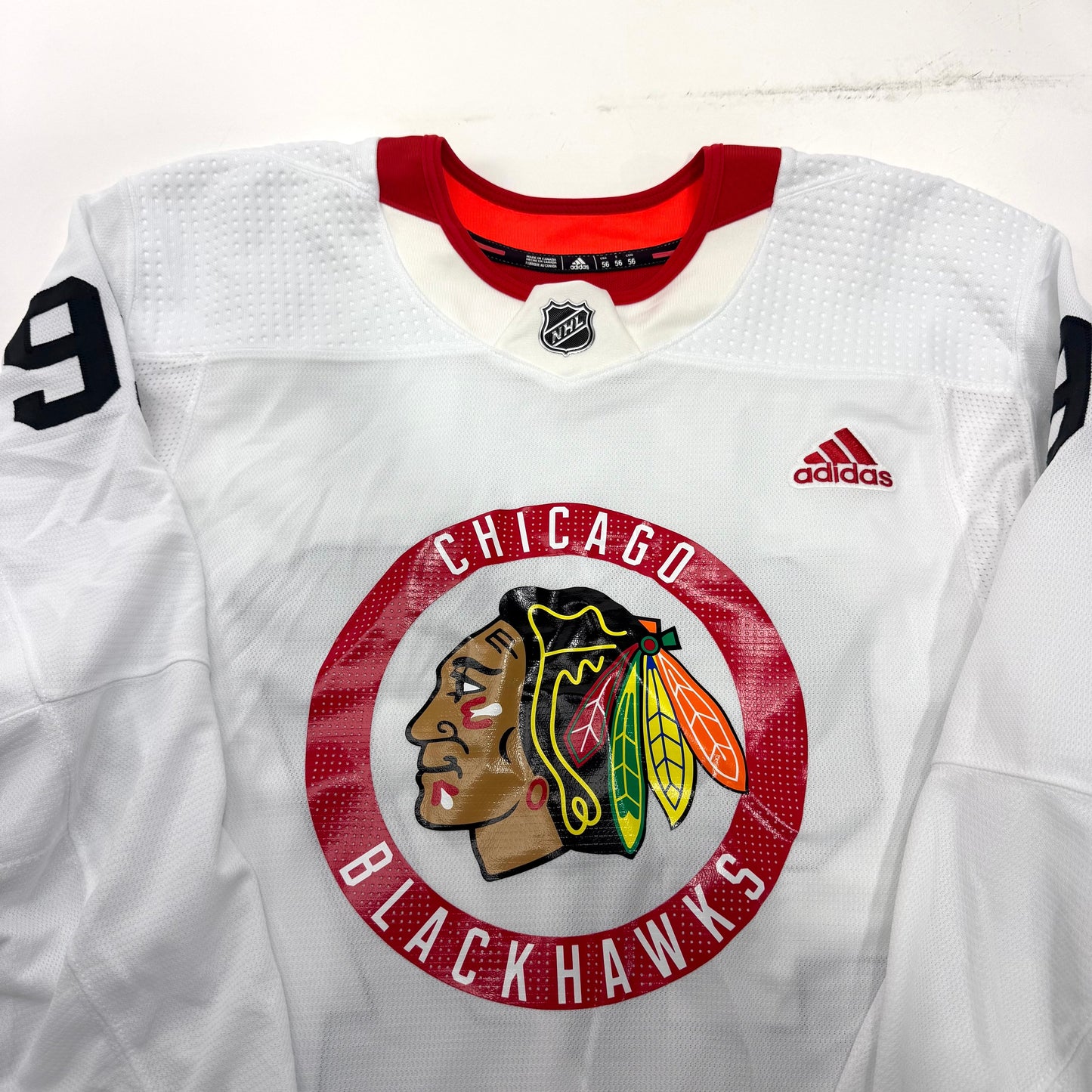 Used White Chicago Blackhawks Adidas MIC Practice Jersey | Size 56 | Kubalik #97 - Top Flight Hockey