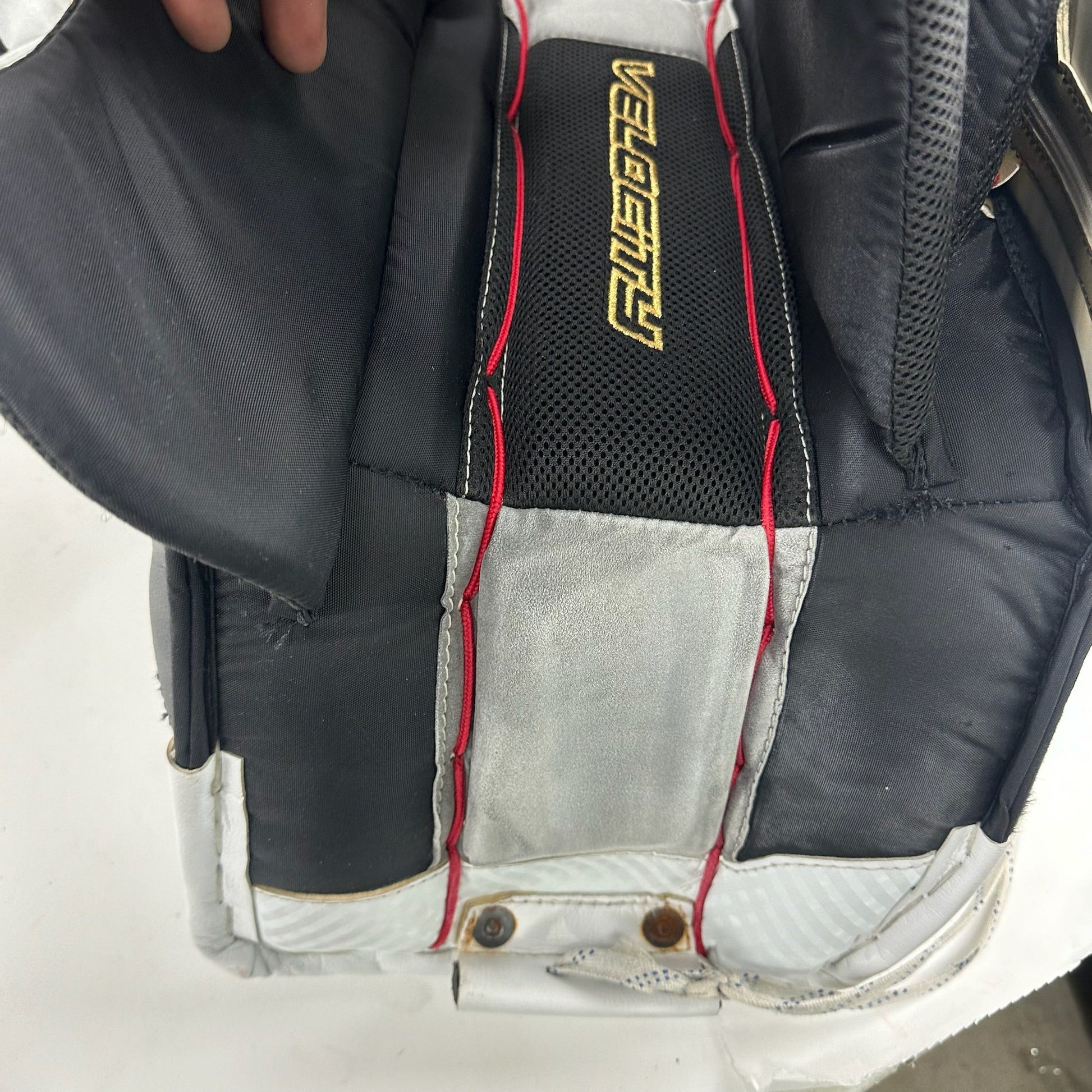 Used Vegas Knights White and Gold Vaughn V9 Goalie Leg Pads | Saville | 35+1" - Top Flight Hockey