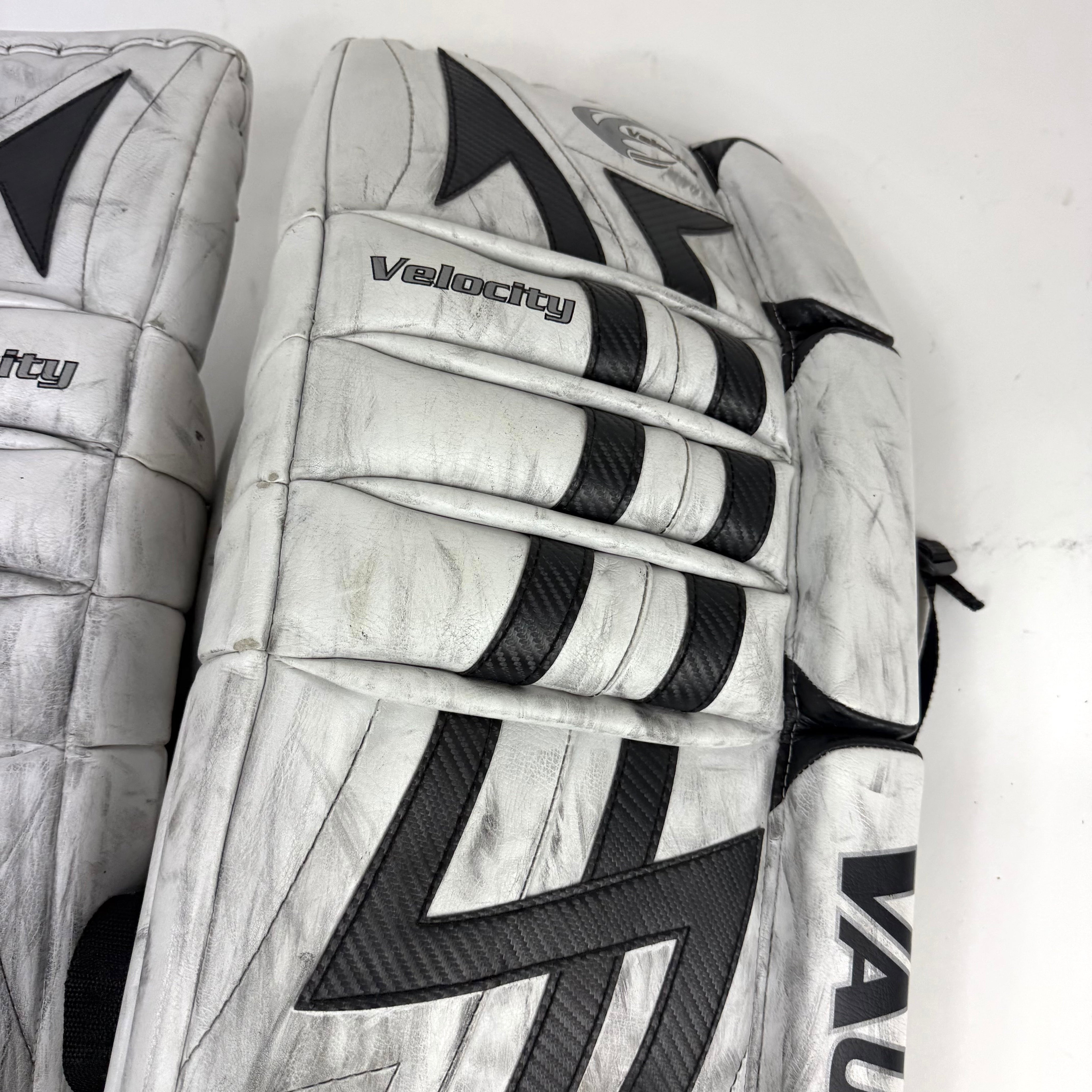 Used White and Black Vaughn Velocity 7400 Goalie Pads | 34 +1" - Top Flight Hockey