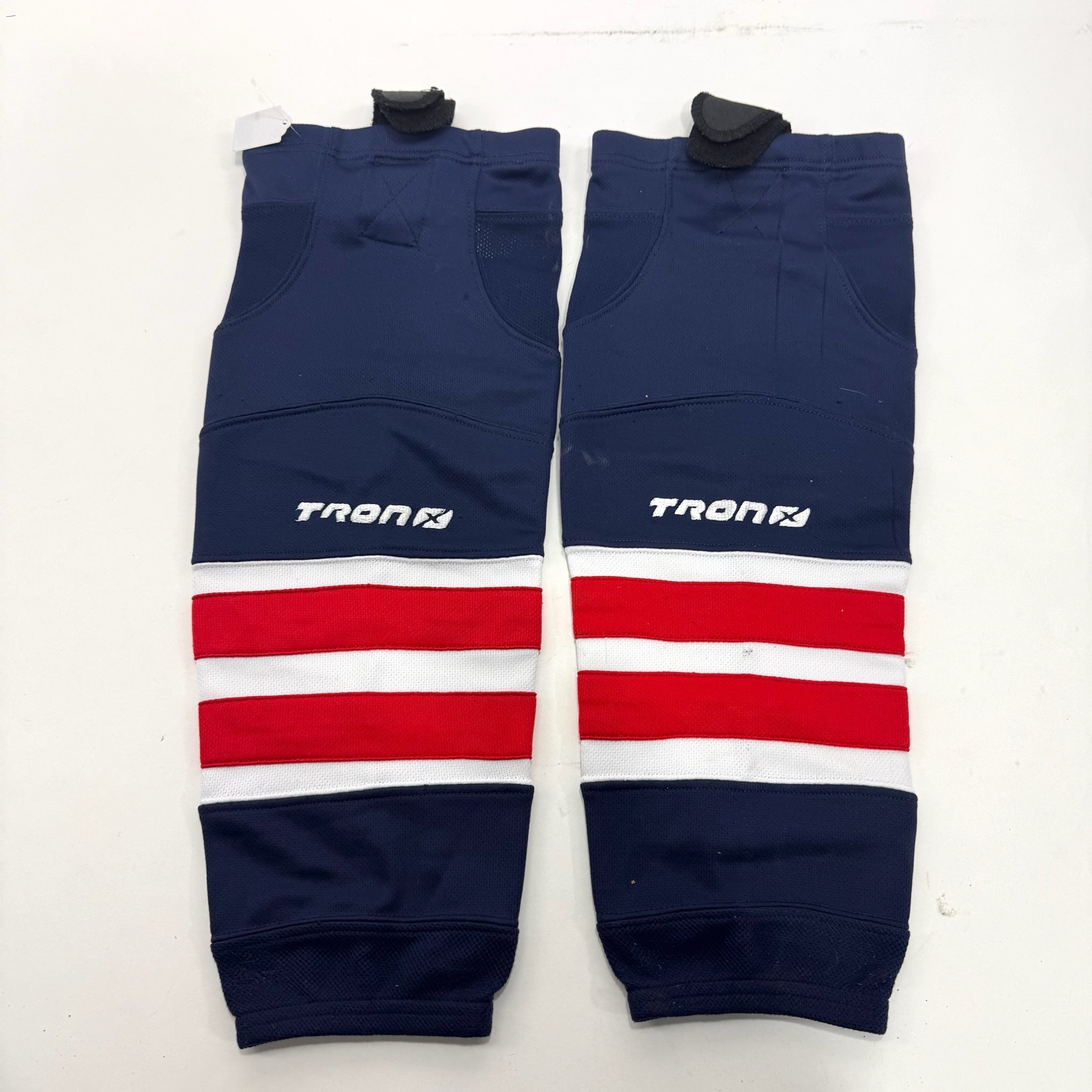 Used Navy With Red and White Stripe Tron Socks | 24" | #A36 - Top Flight Hockey