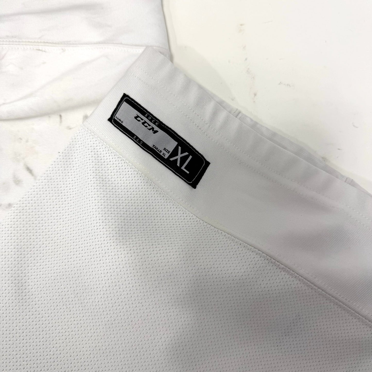 Used White with Red Stripe CCM Socks | XL | AB895