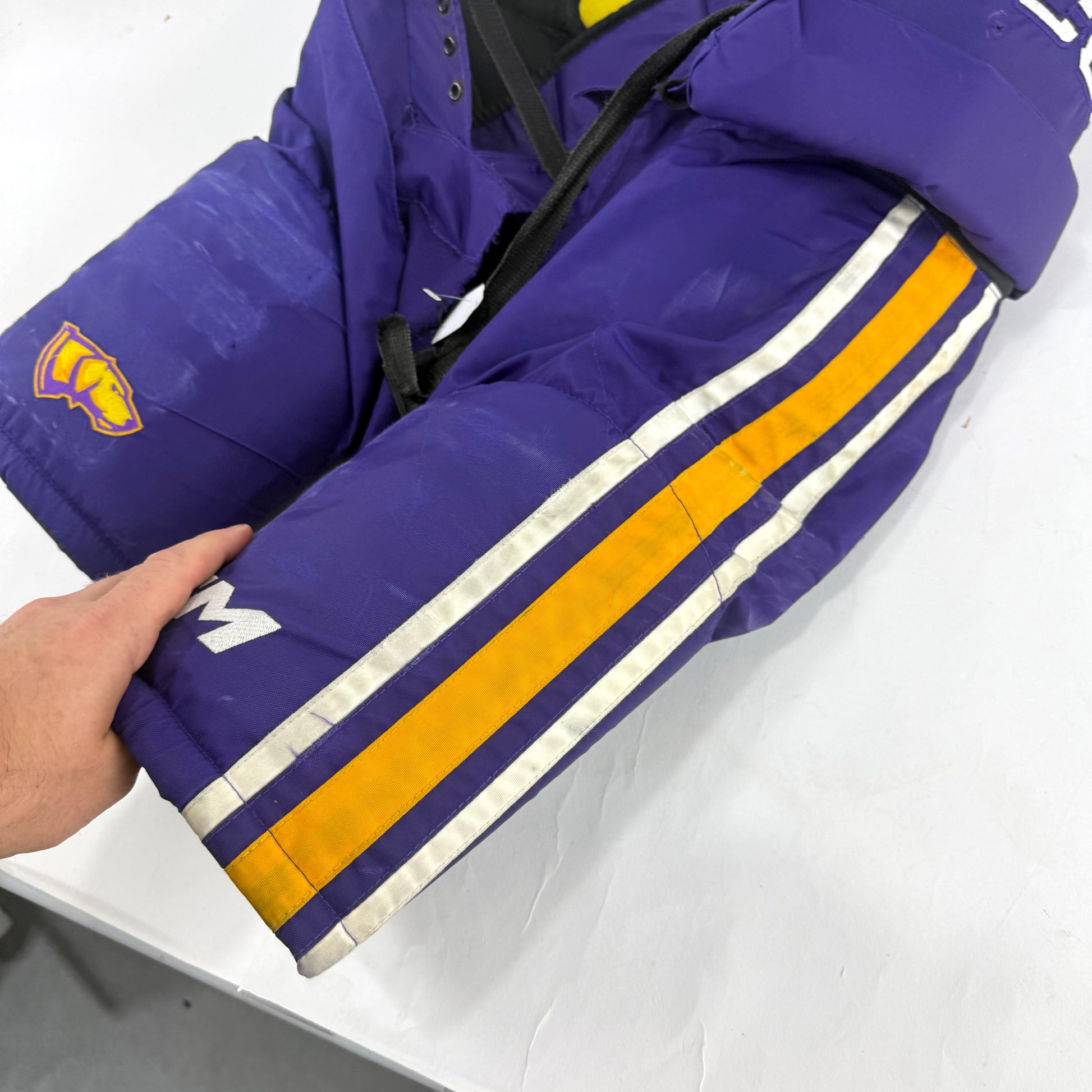 Used Purple/Yellow CCM Tacks 95C Pants | Small | E540 - Top Flight Hockey