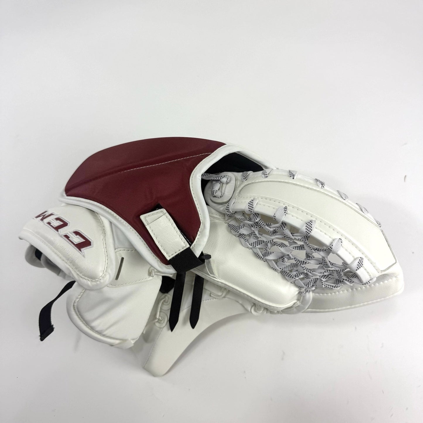 New Regular White and Maroon CCM EFlex 5 Goalie Glove | Denver | 590 Break