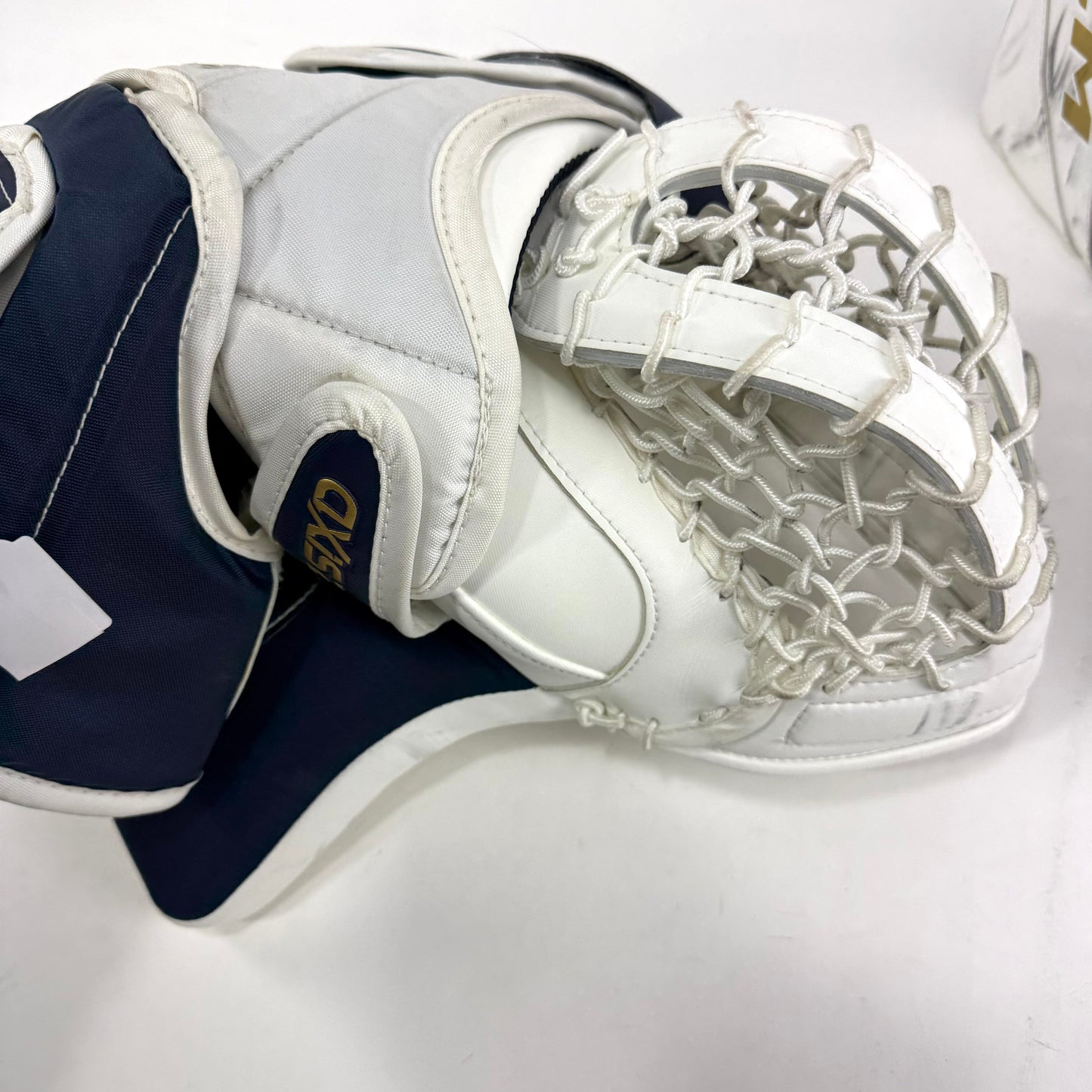 Lightly Used White and Navy Regular CCM Axis 2 Goalie Glove and Blocker | 590 Break