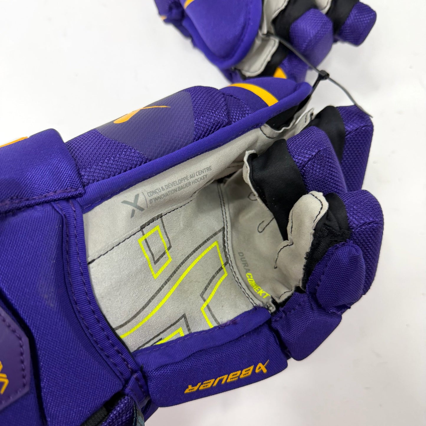 Used Purple and Yellow Bauer Vapor Hyperlite Gloves | 15" | AB671
