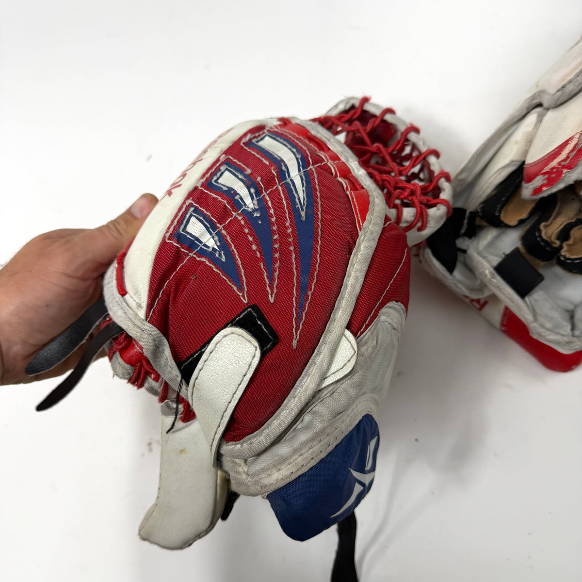 Used Regular Red/White/Blue Reebok L7 Youth Goalie Glove and Blocker | AB362