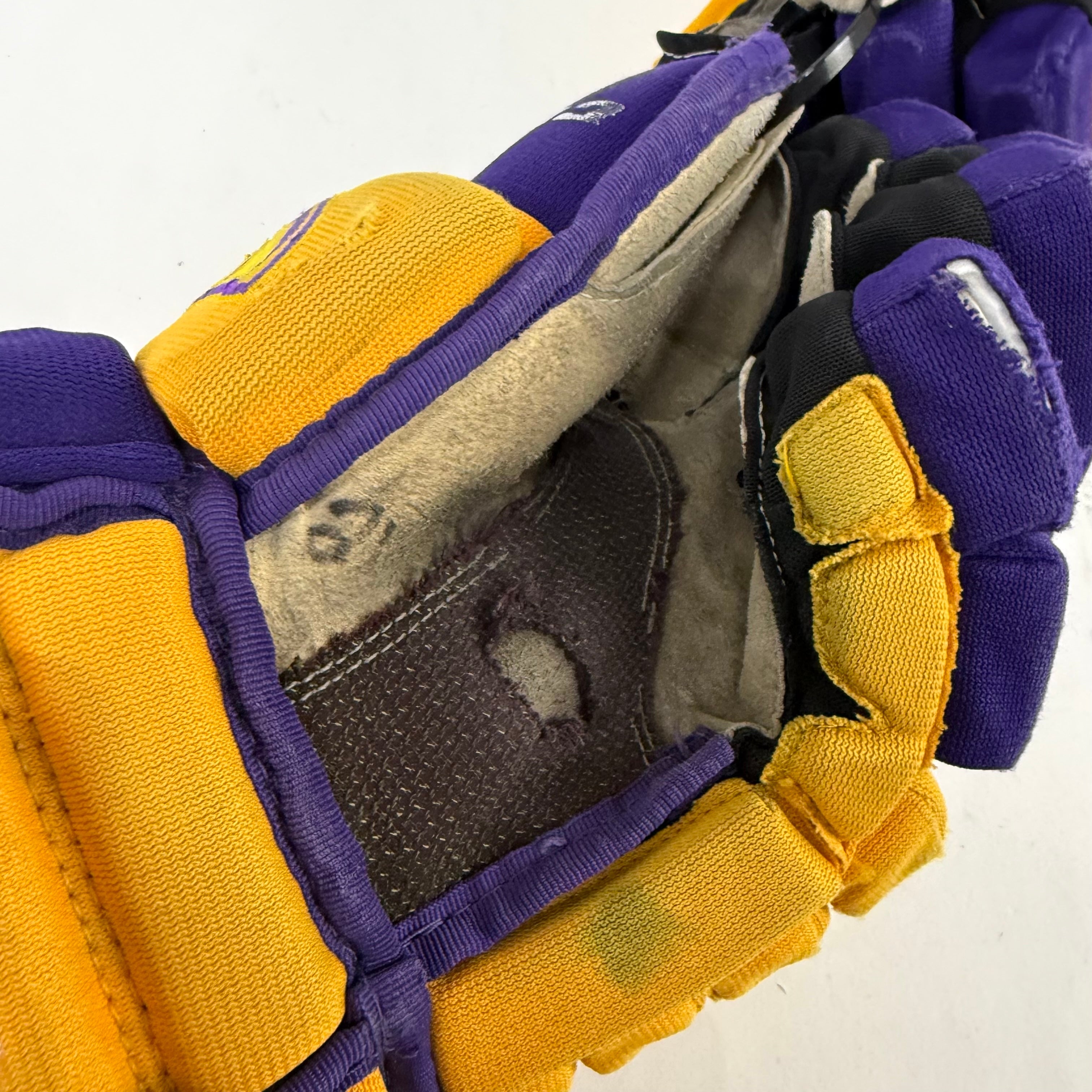 Used Yellow and Purple CCM 4 Roll Pro Gloves | 14" | E451