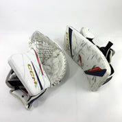Lightly Used White and Navy Regular CCM Axis 2 Goalie Glove and Blocker | 590 Break - Top Flight Hockey