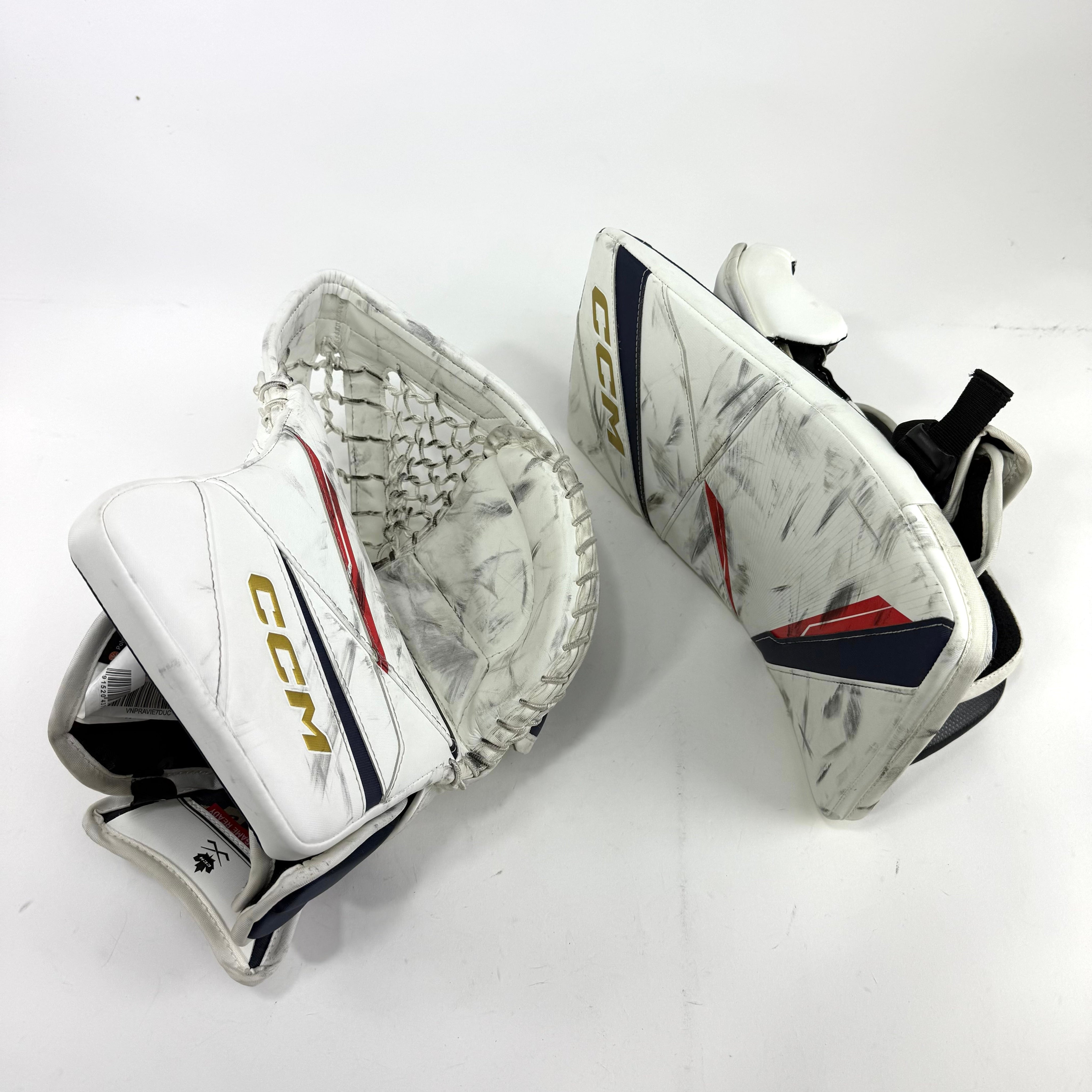 Lightly Used White and Navy Regular CCM Axis 2 Goalie Glove and Blocker | 590 Break - Top Flight Hockey