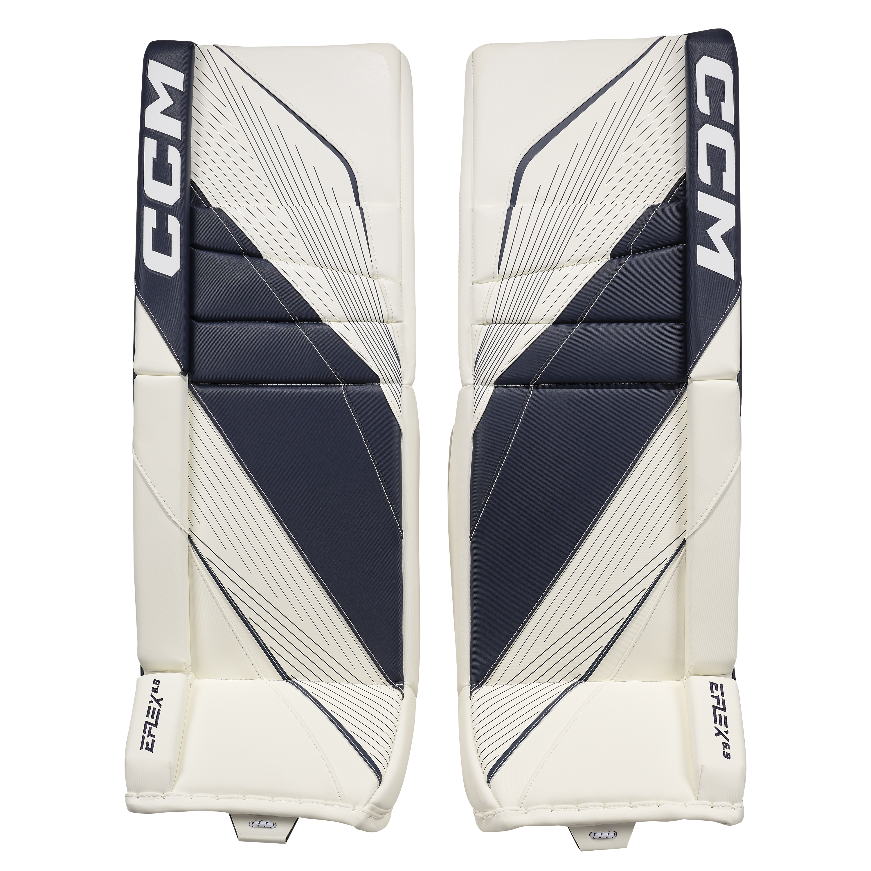 New CCM White E Flex 6.9 Goalie Leg Pads | 33+1" | #191520631574 - Top Flight Hockey