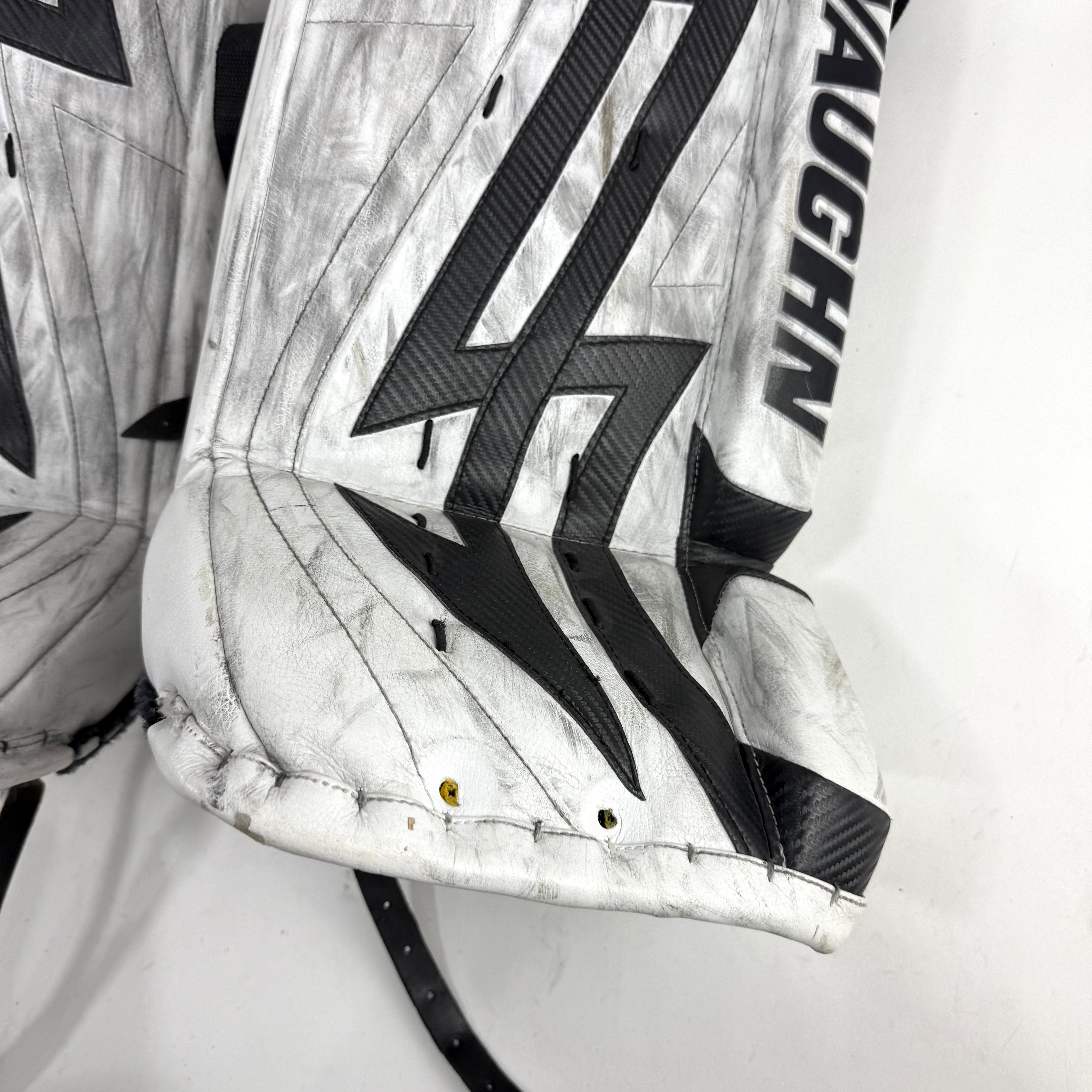Used White and Black Vaughn Velocity 7400 Goalie Pads | 34 +1" - Top Flight Hockey