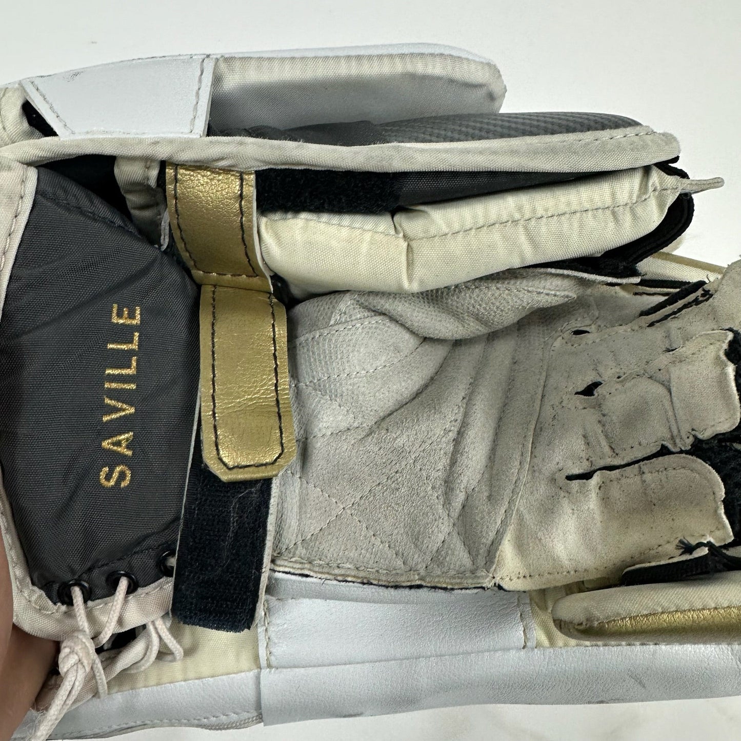 Used Custom Vegas Knights White and Gold Vaughn V10 Blocker | Full Right | Saville - Top Flight Hockey