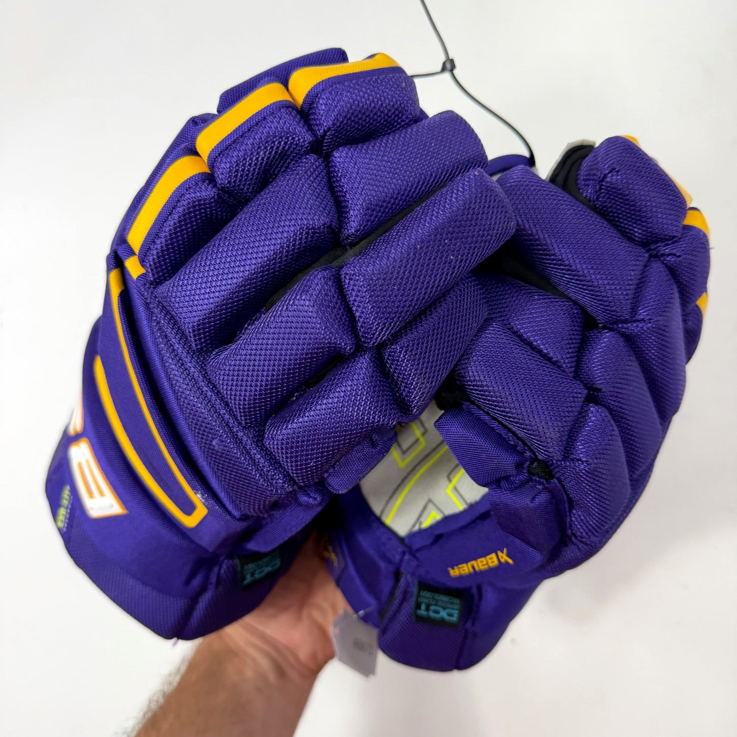 Used Purple and Yellow Bauer Vapor Hyperlite Gloves | 15" | AB671
