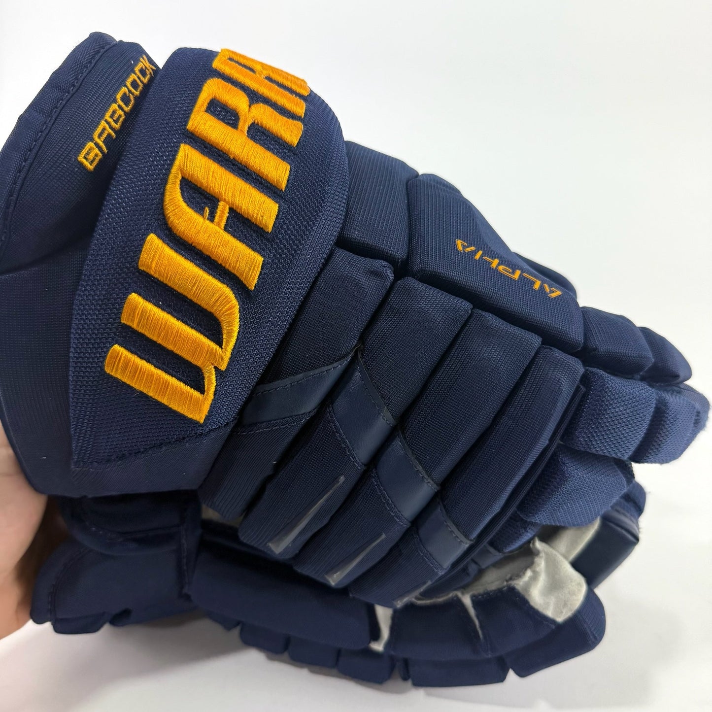 Used Navy STL Blues Warrior Alpha DX Pro Gloves | 14" | Babcock | D96 - Top Flight Hockey