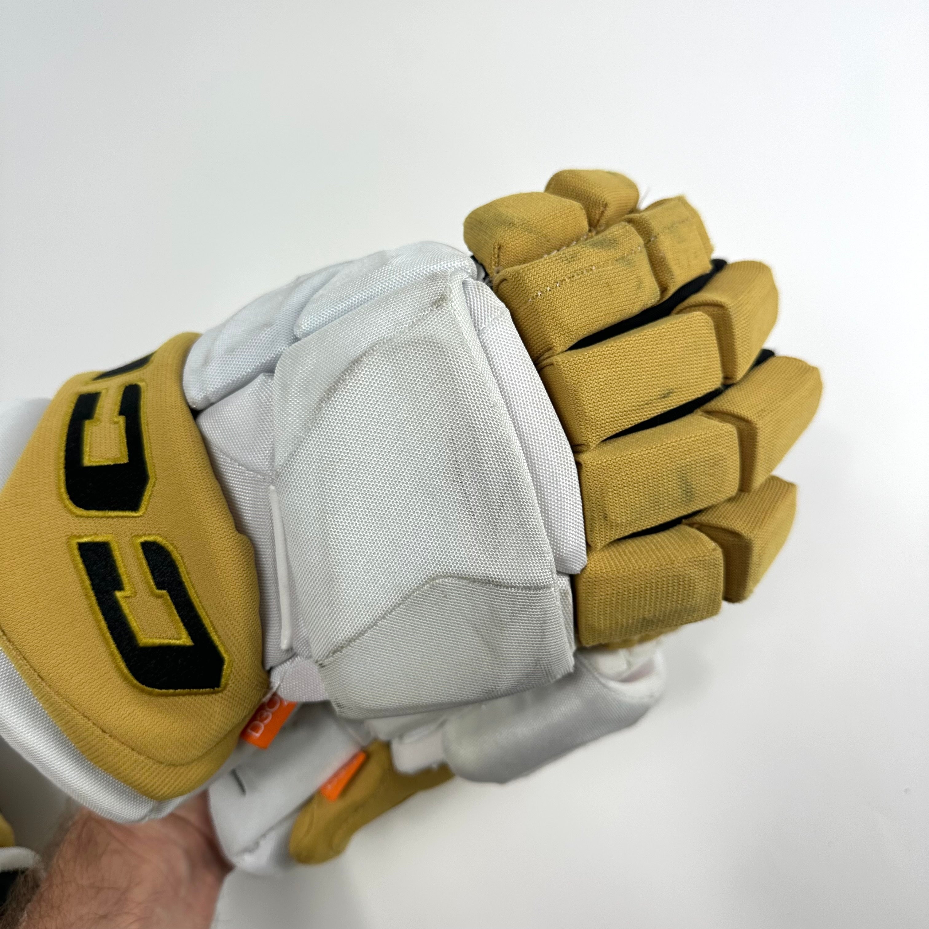 Used White and Gold CCM Jetspeed Gloves | Vegas Knights | 14" | H301